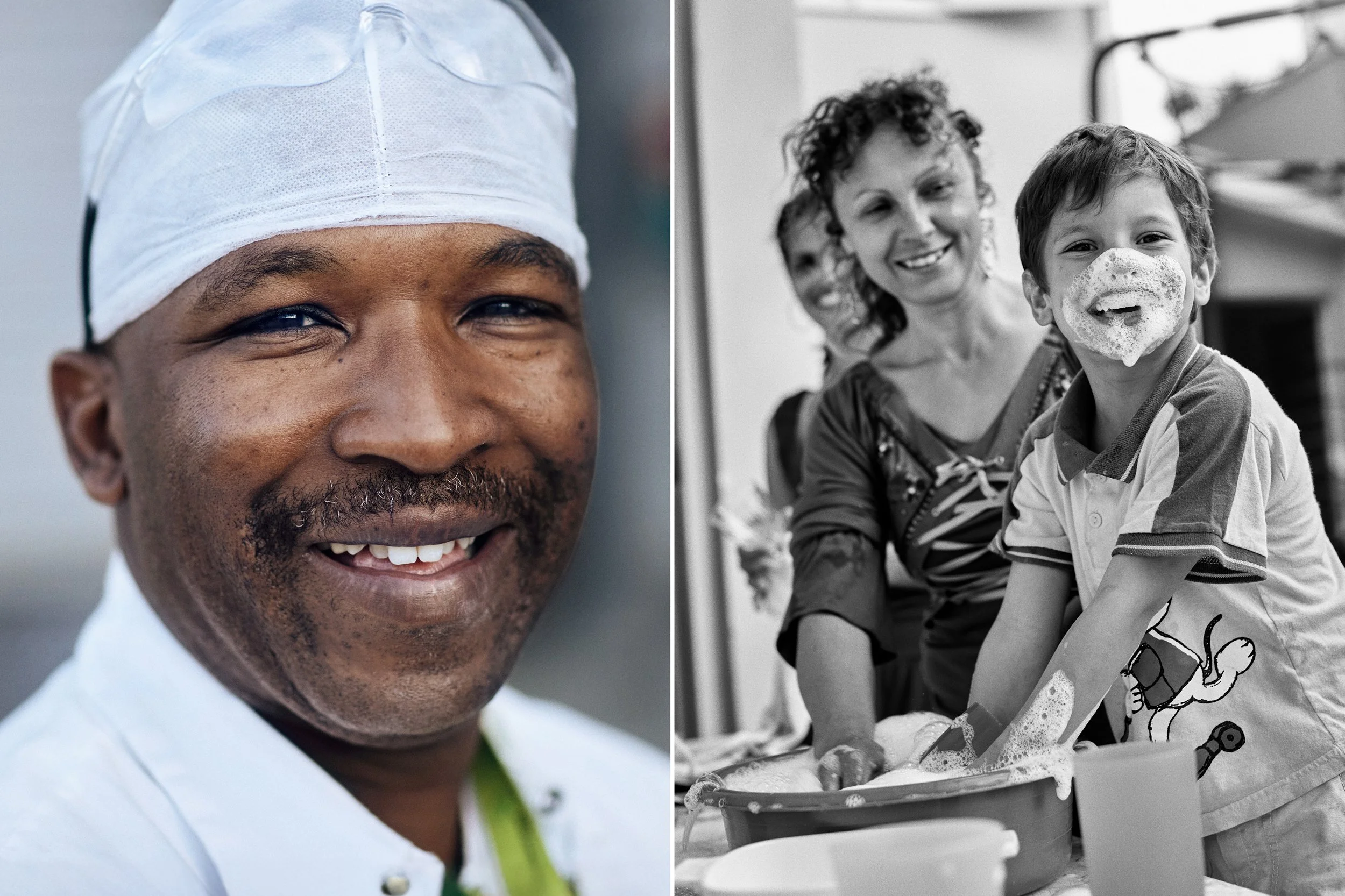 Worker portrait and family cooking together, linking industry to everyday use