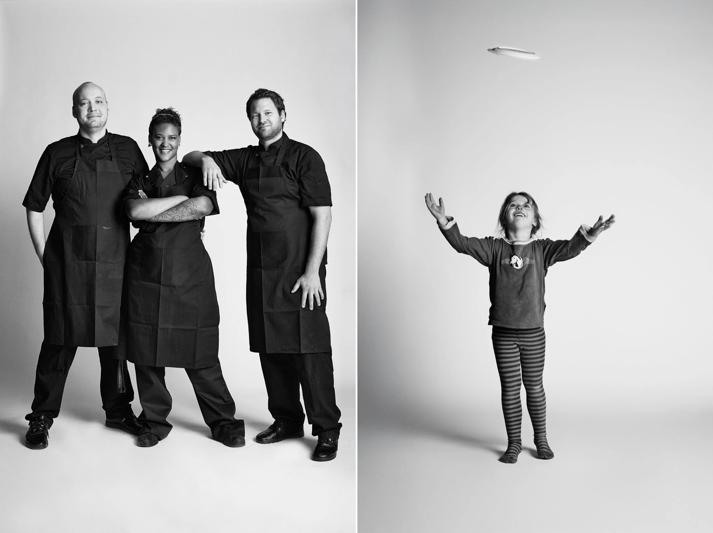 Left: Three kitchen staff standing together in uniforms, group portrait
Right: Child tossing plate into the air, playful movement