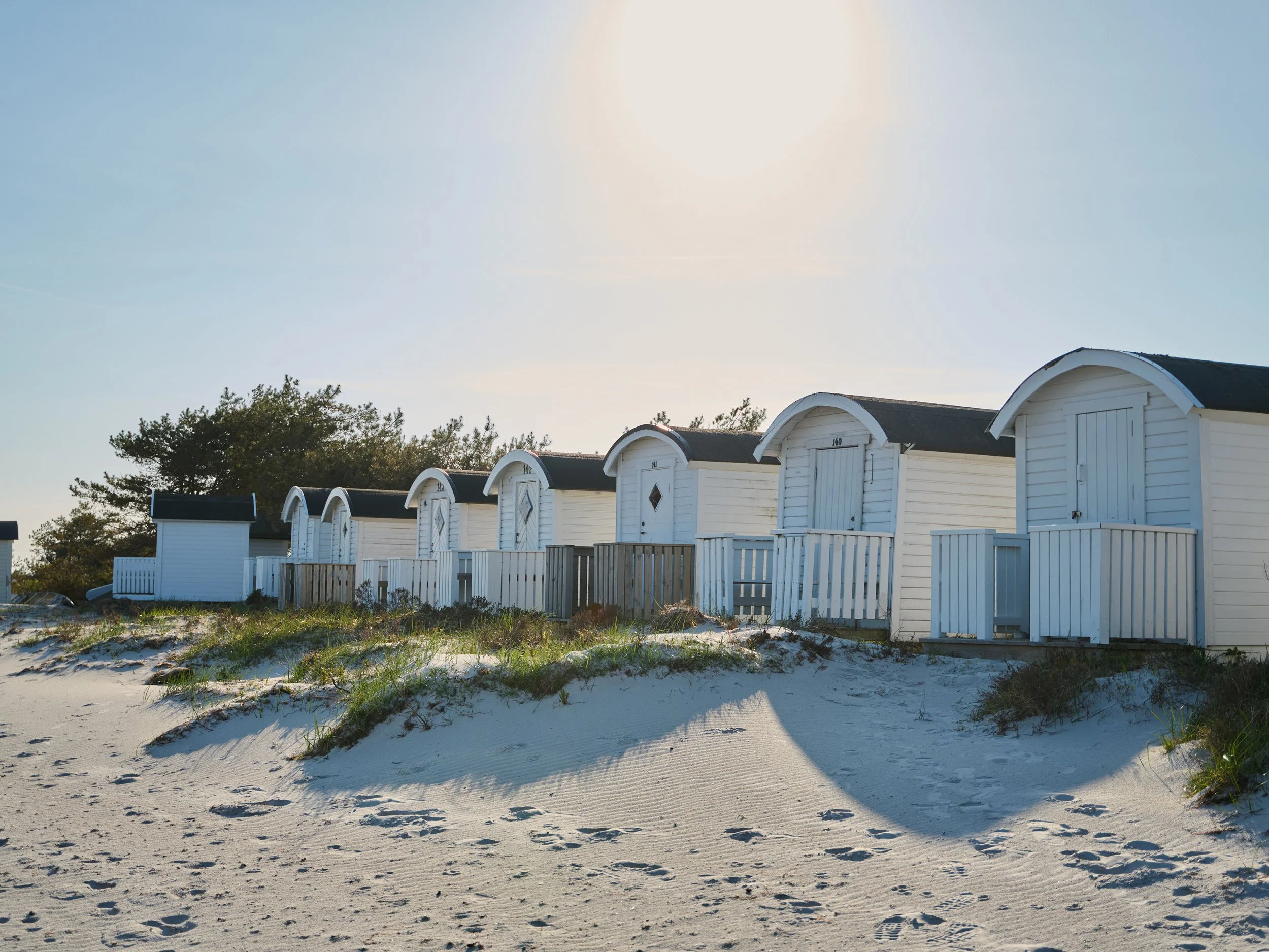 Row of beach houses along sandy shoreline, bright coastal landscape
