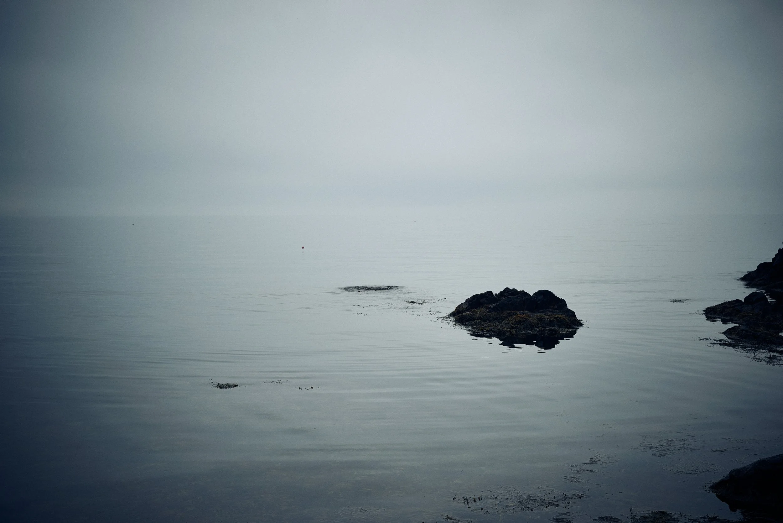Calm sea surface with rocks breaking waterline, minimal coastal landscape
