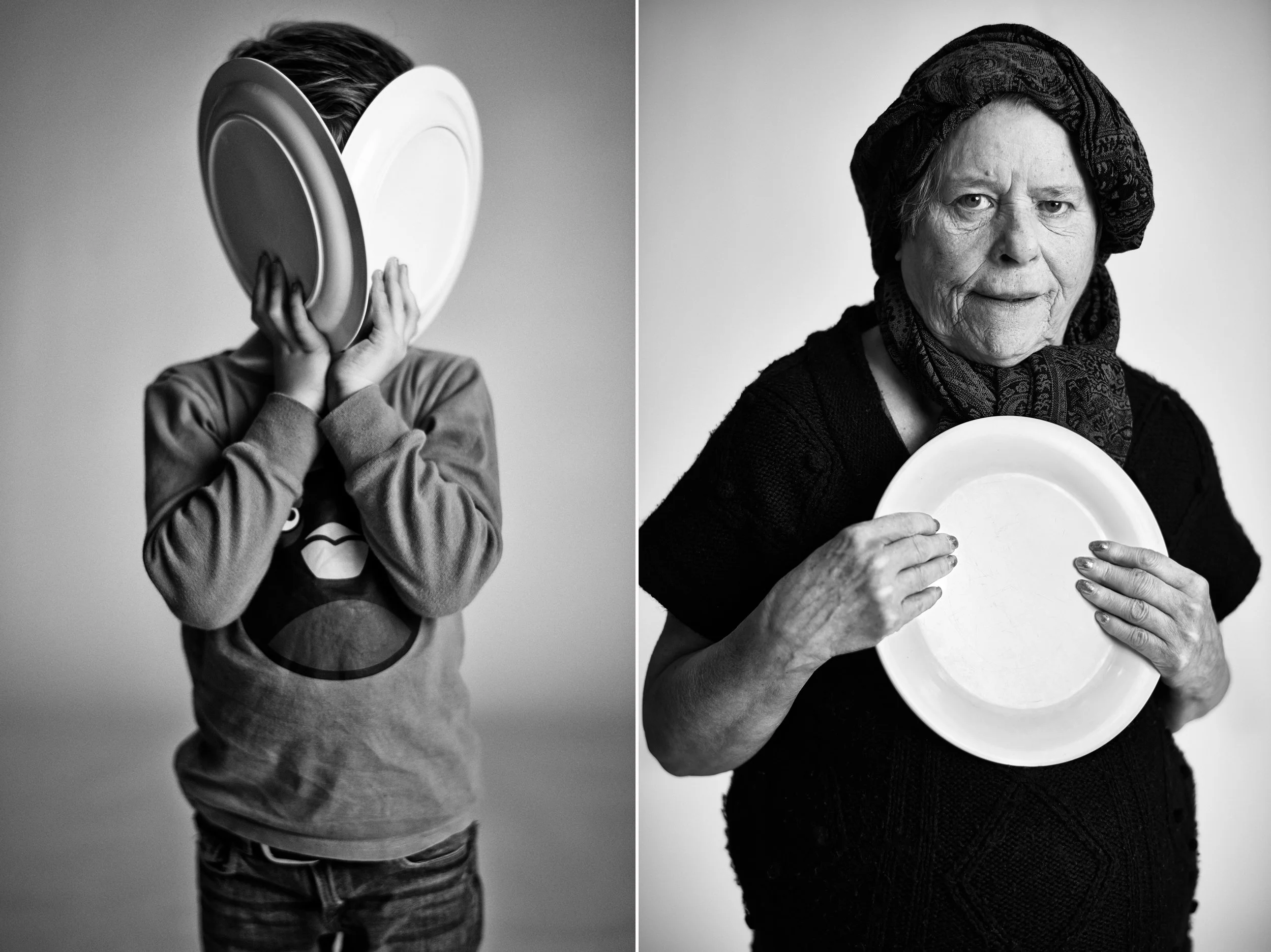 Left: Child holding two plates covering face, playful gesture
Right: Older woman holding plate, direct gaze in studio