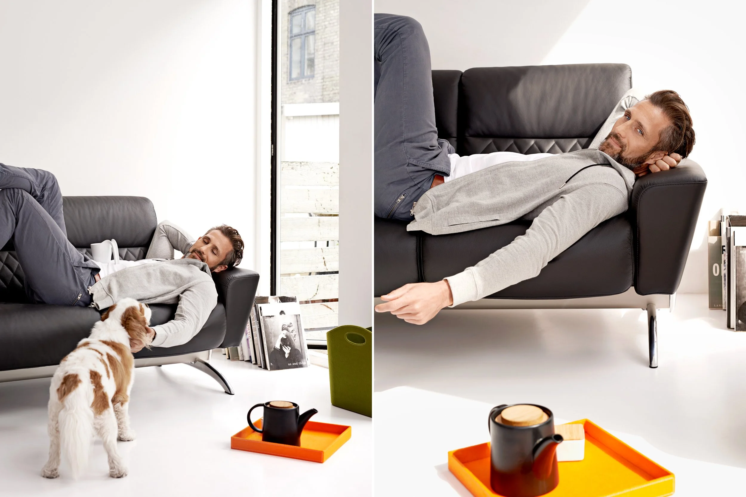Left: Man lying on sofa interacting with dog, relaxed home moment
Right: Man reclining on sofa, extended relaxed posture