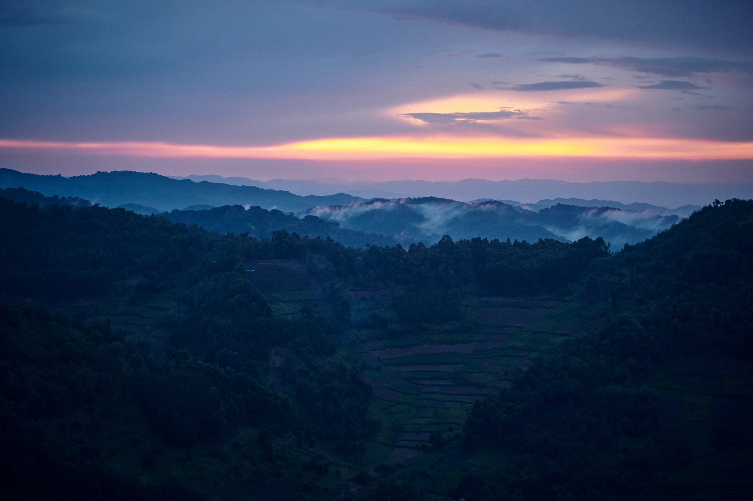 Mountain landscape at sunrise with layered hills and mist, natural habitat context
