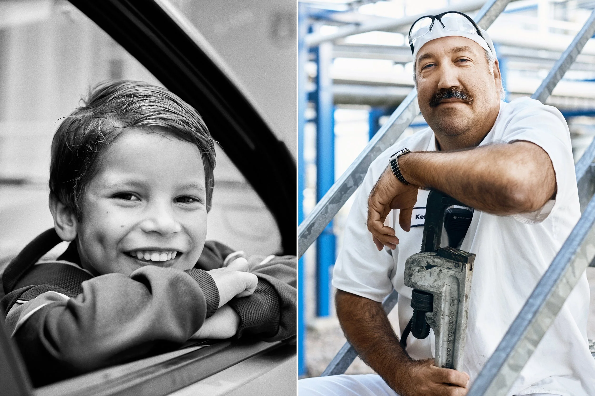 Child in car and industrial worker portrait, illustrating impact across everyday and industrial contexts