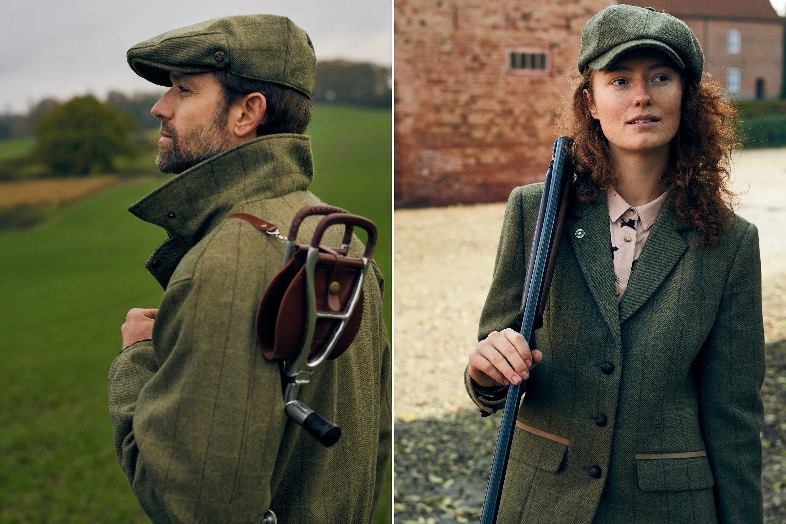 Left: Man in field wearing cap and gear, profile portrait in landscape
Right: Woman holding shotgun in farmyard setting, calm outdoor portrait