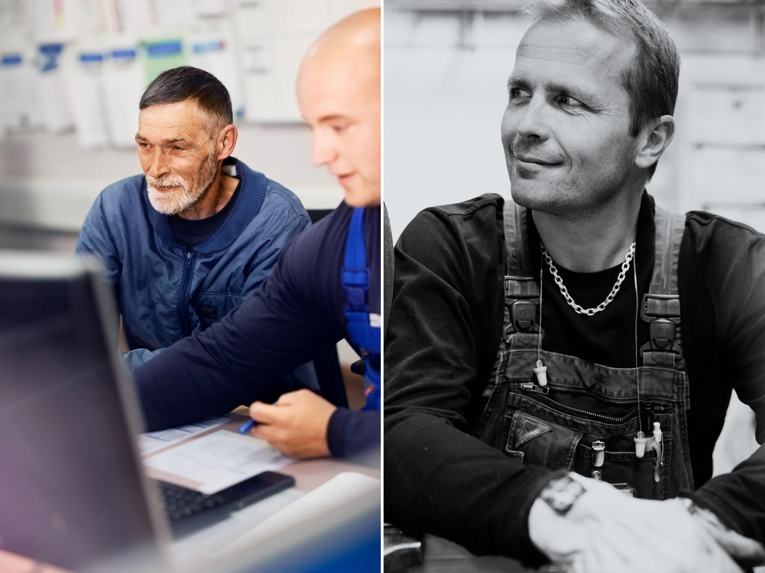 Split image with technicians reviewing work on computer on left and portrait of technician in workshop on right