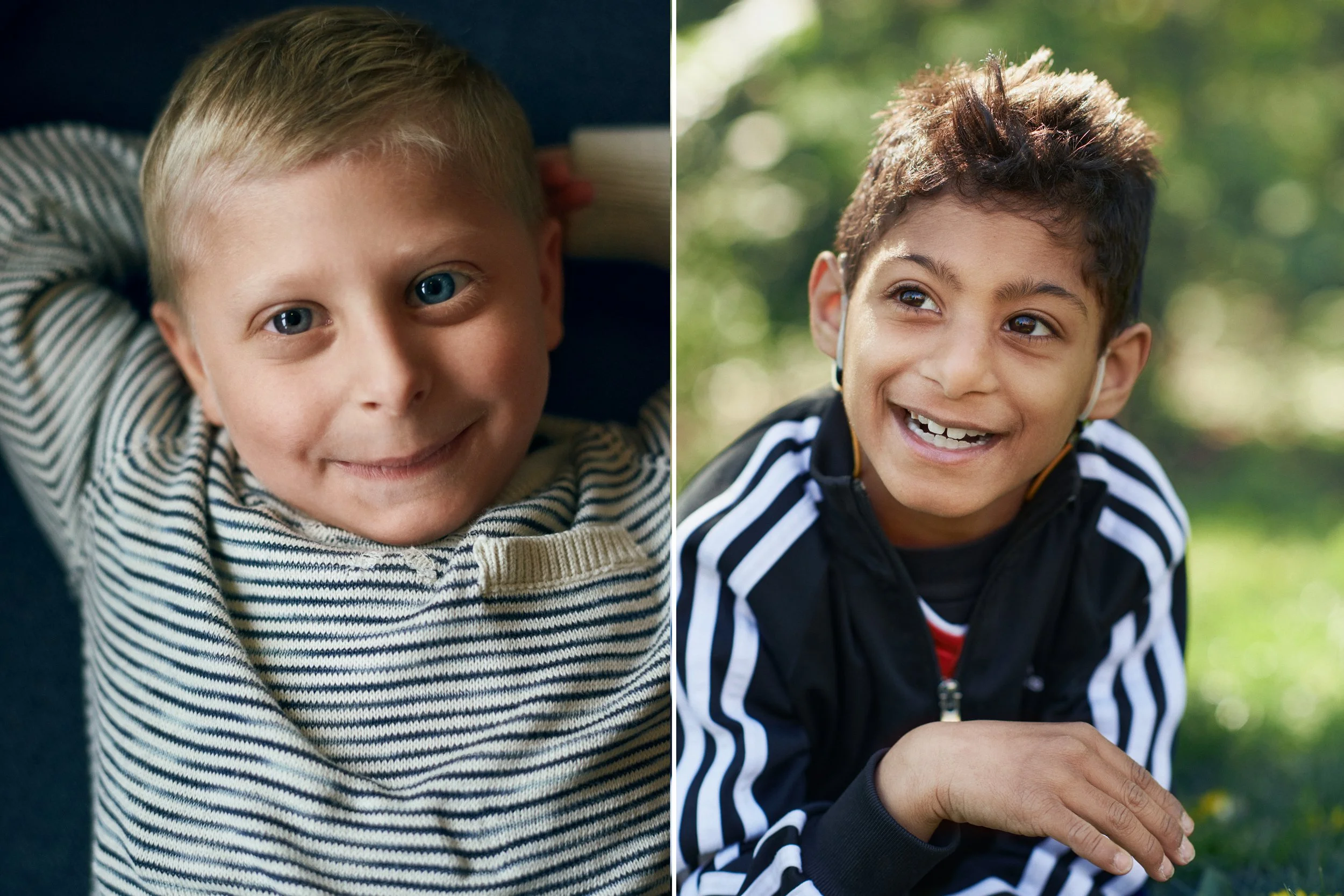 Left: Young child wearing hearing aid lying down, relaxed close-up
Right: Boy wearing hearing aid smiling outdoors, casual portrait