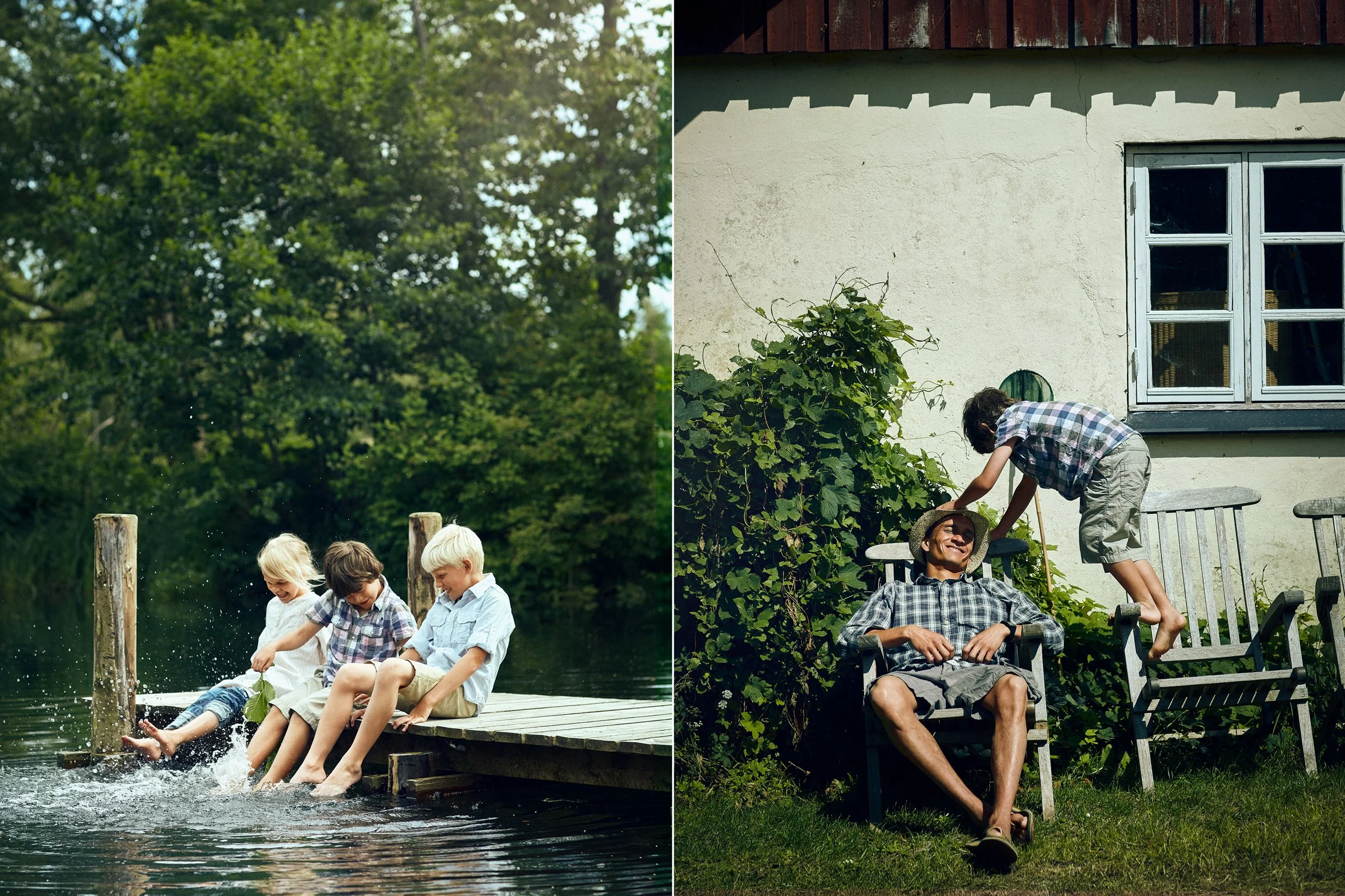 Left: Children sitting on dock with feet in water, playful summer moment by lake
Right: Child climbing onto adult resting in chair, playful interaction in garden