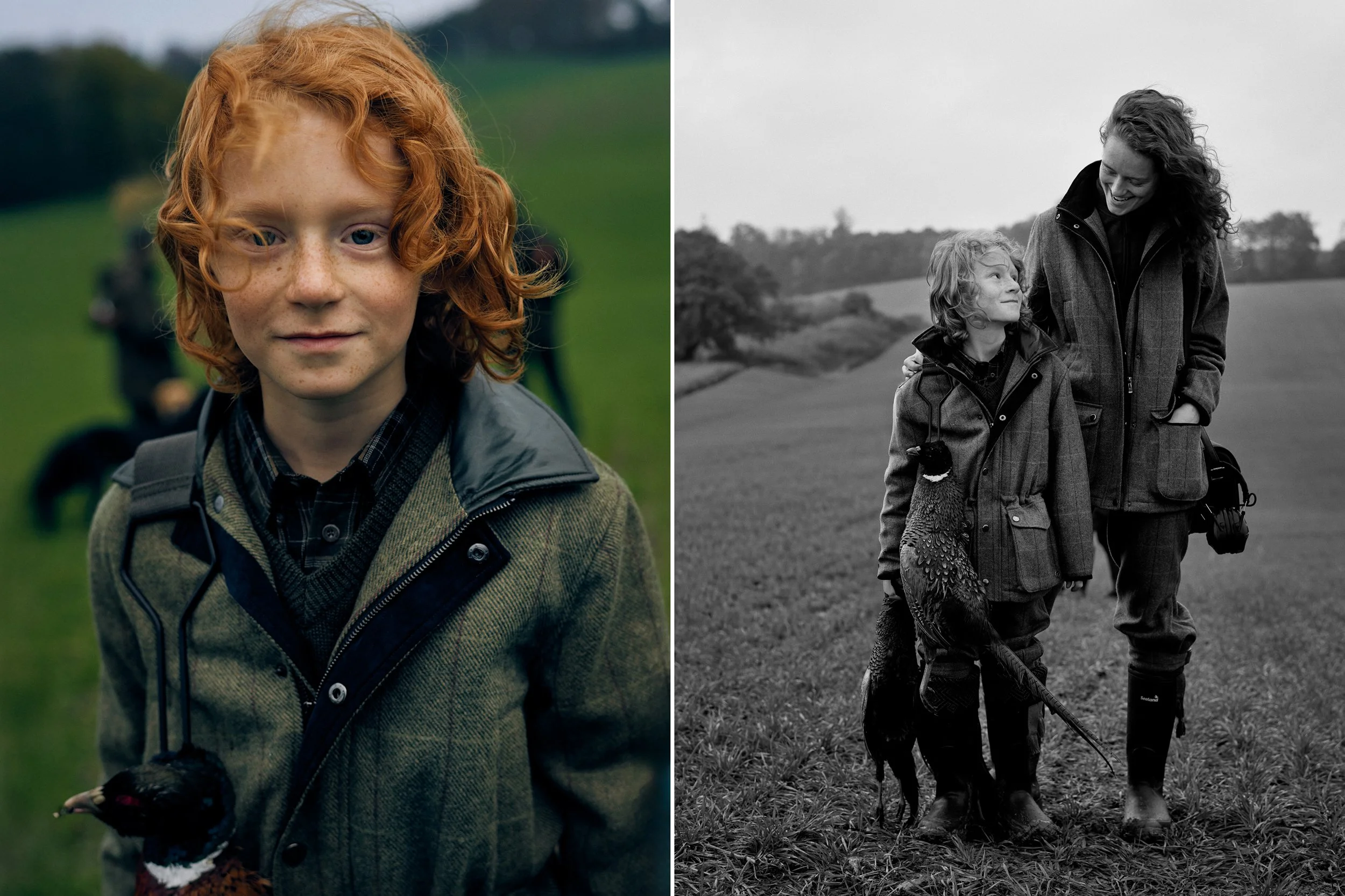 Left: Portrait of child holding game bird, direct gaze in field setting
Right: Adult and child walking together carrying game, shared moment in countryside