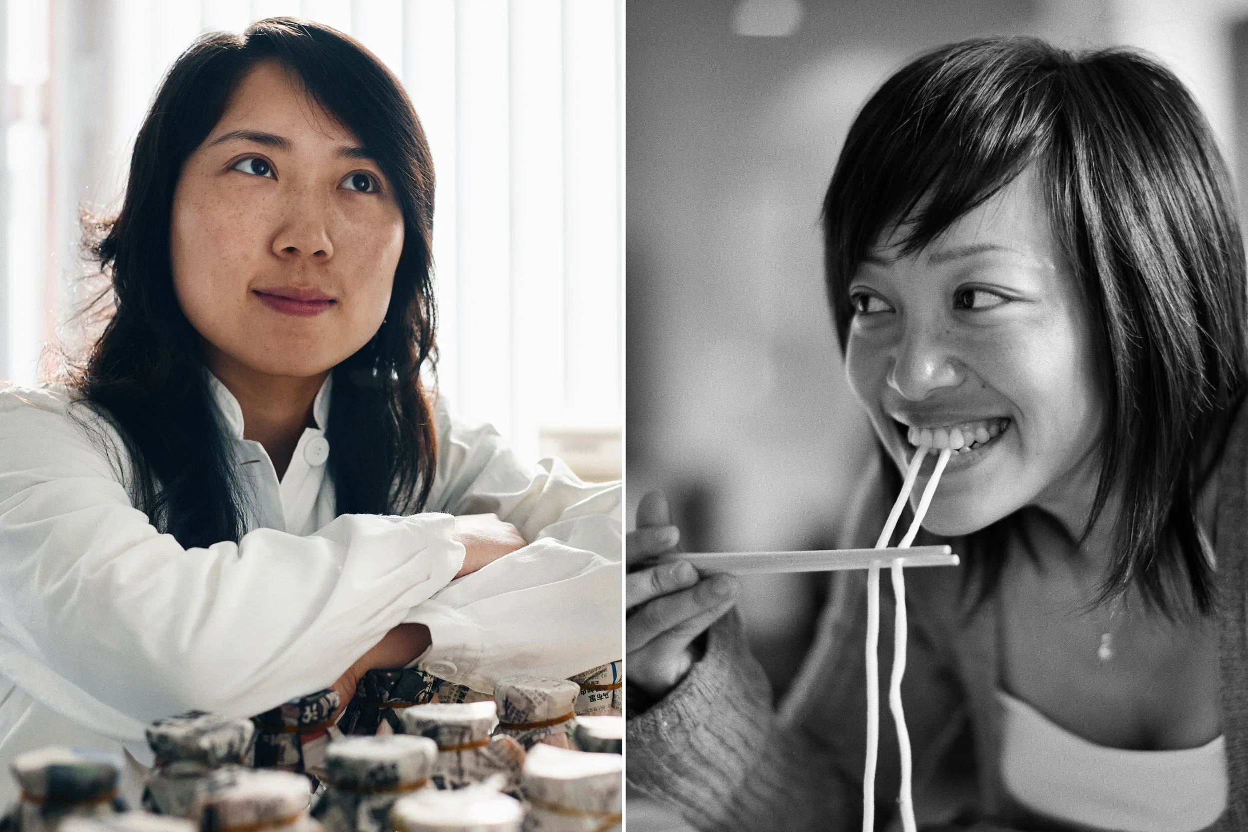 Food researcher with samples and person eating noodles, linking science to consumption