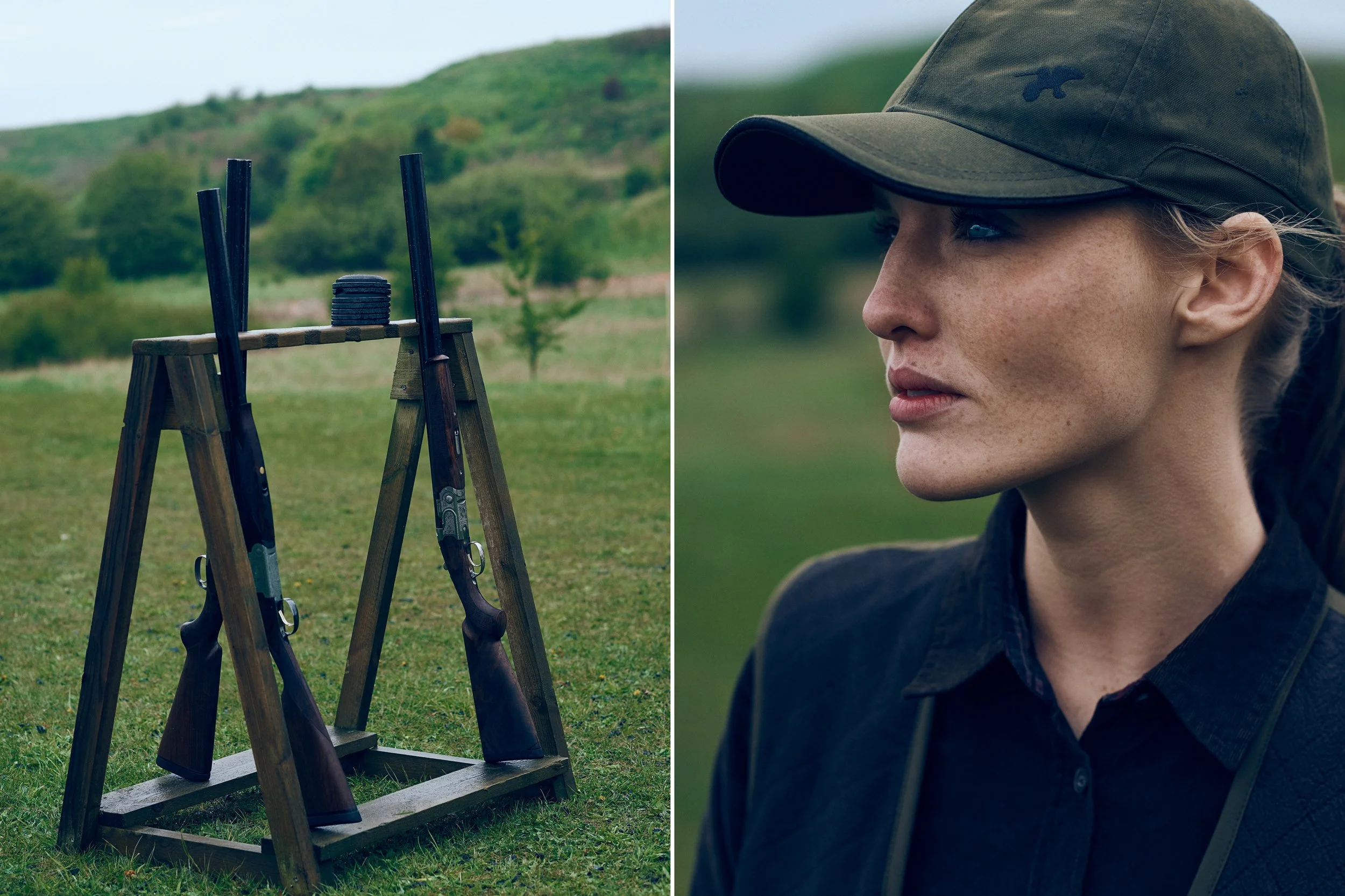 Left: Shotguns placed on wooden rack in open field, equipment detail
Right: Portrait of woman wearing cap in outdoor setting, focused expression