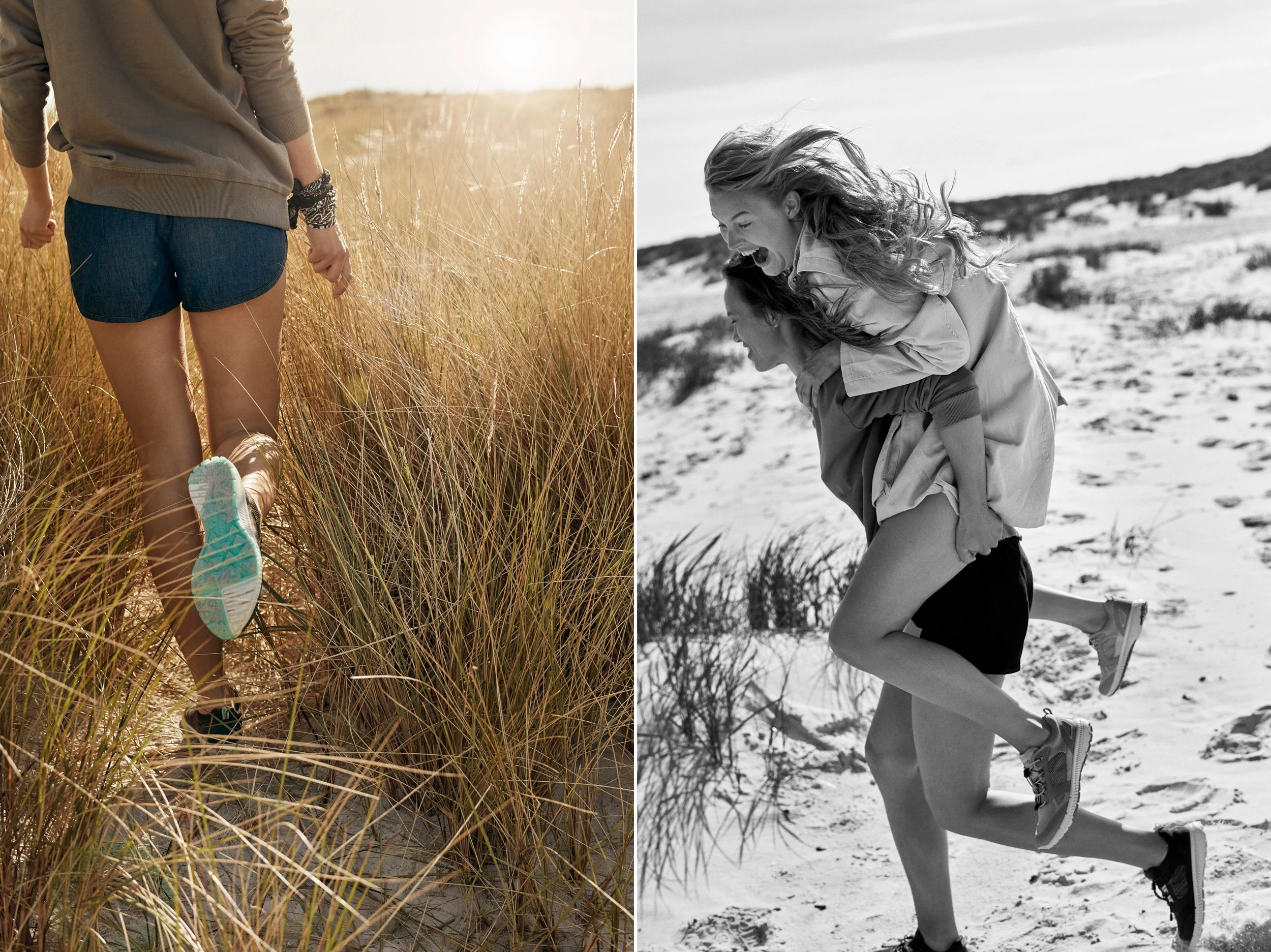 Left: Person running through tall grass in coastal landscape — Right: Woman jumping on beach, movement in nature