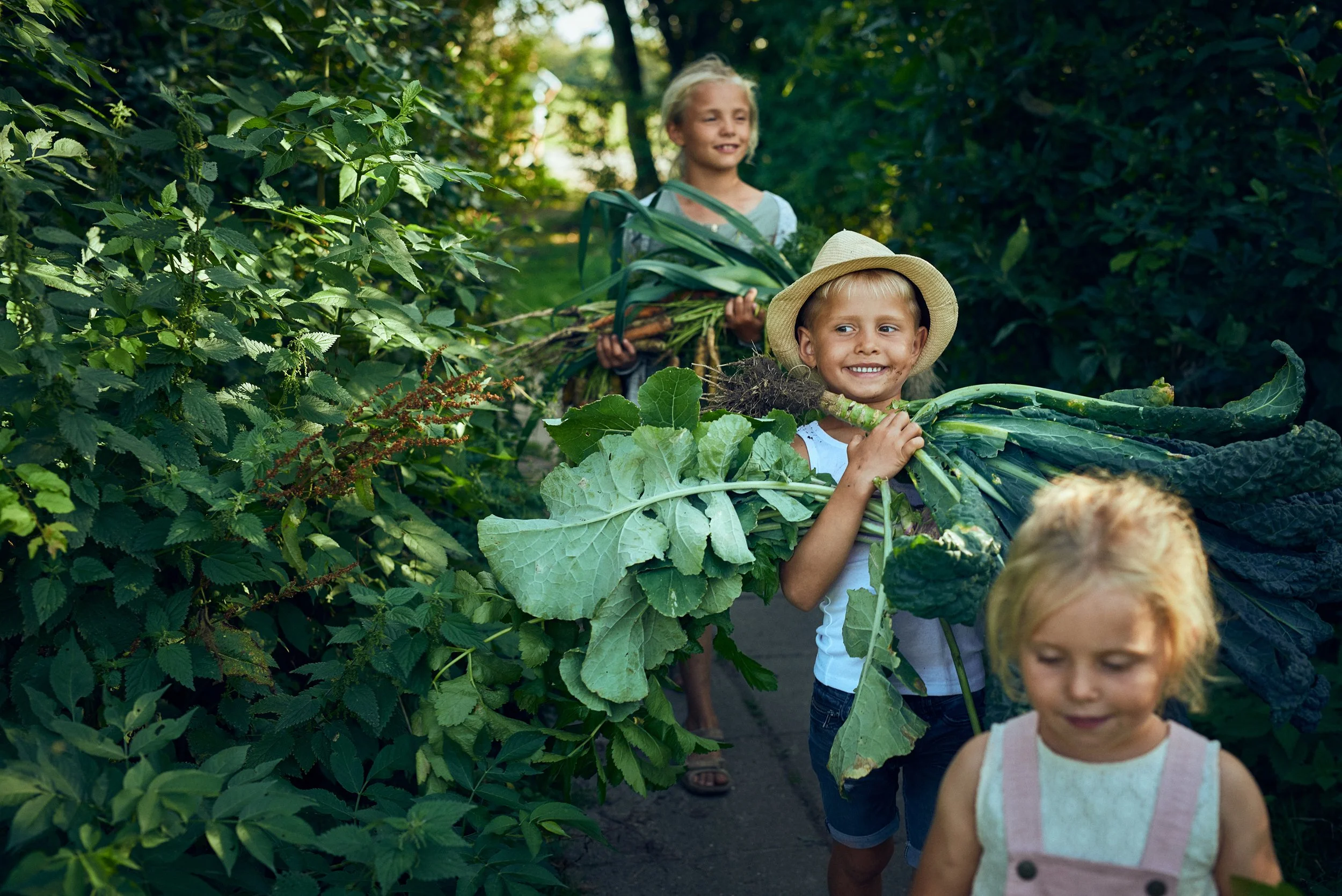 Children carrying large leaves along path, playful outdoor activity