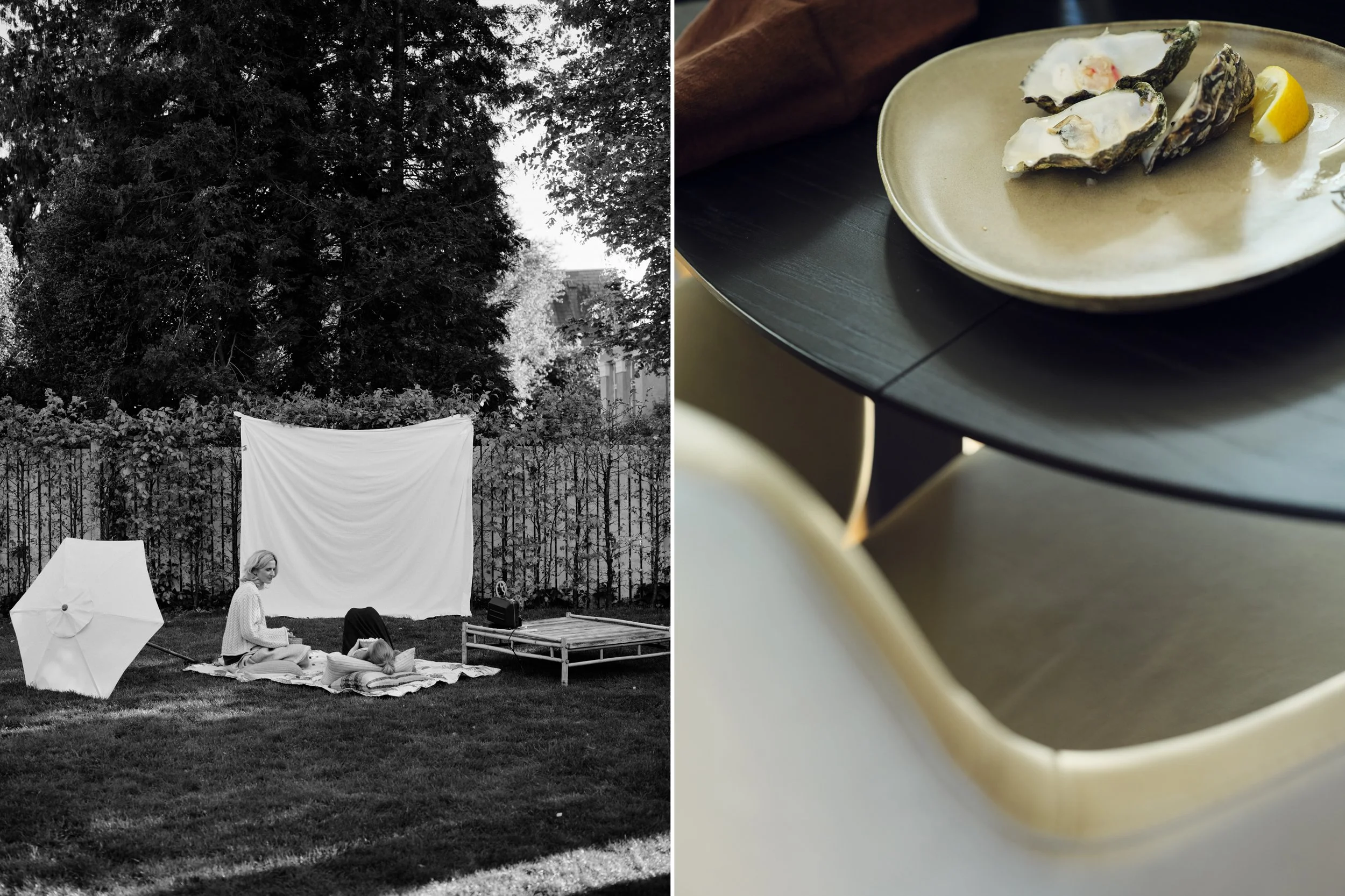 Left: Person lying on blanket outdoors in garden, quiet resting moment
Right: Plate with oysters on table, close-up detail of food setting