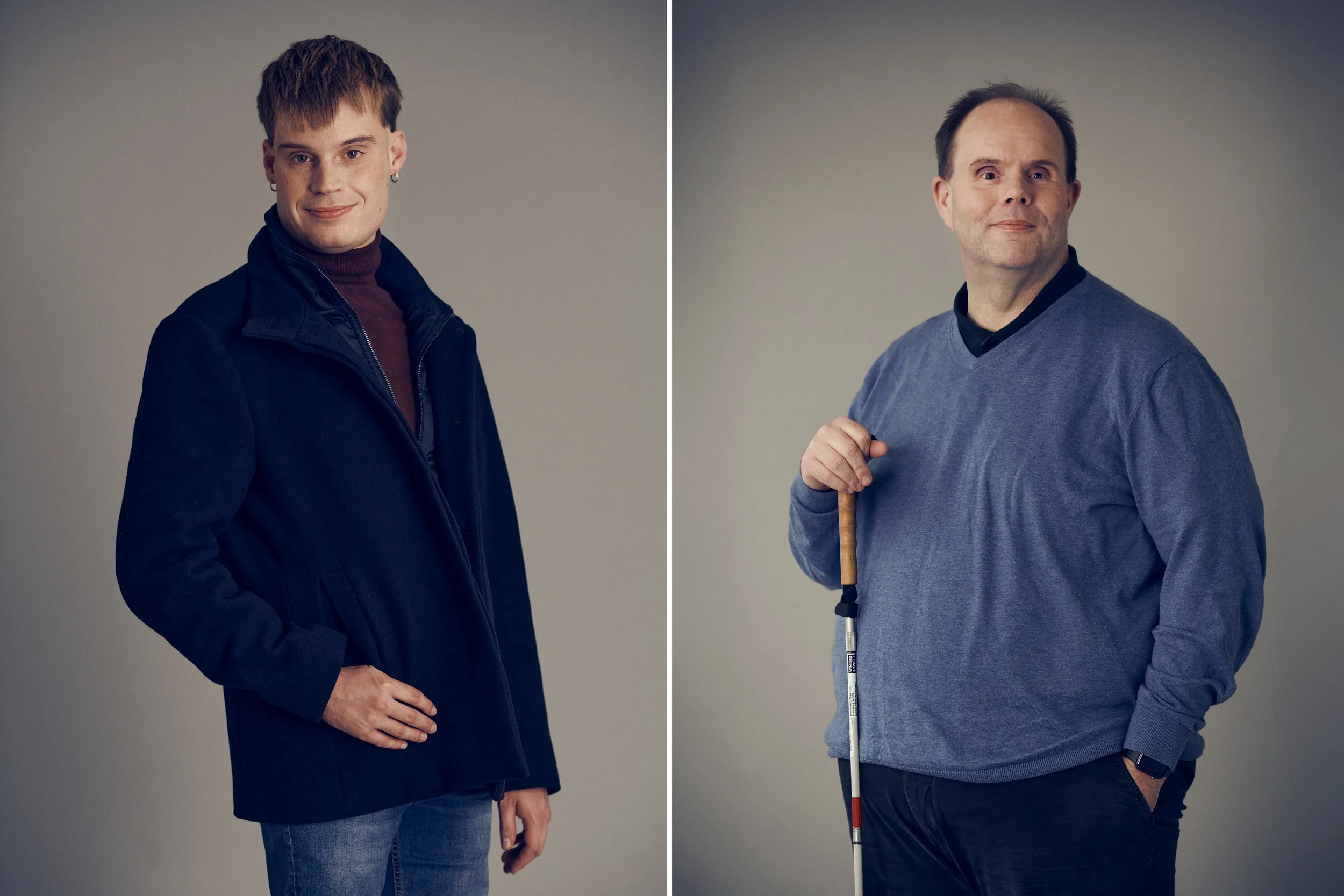 Left: Portrait of young man standing against neutral background, relaxed posture
Right: Man holding white cane standing against neutral background, calm expression