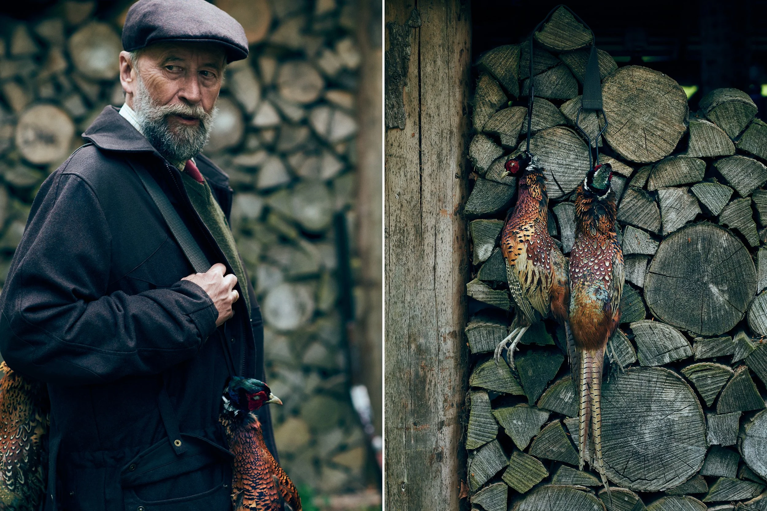 Left: Older man holding game bird, portrait in front of stacked firewood
Right: Game birds hanging on wooden wall, detail of hunting outcome