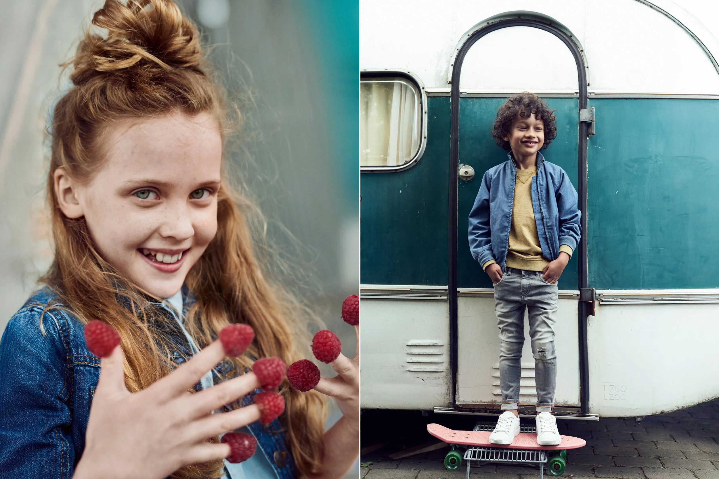Left: Girl with raspberries, close-up of hands and food — Right: Boy standing on skateboard in front of caravan, outdoor lifestyle