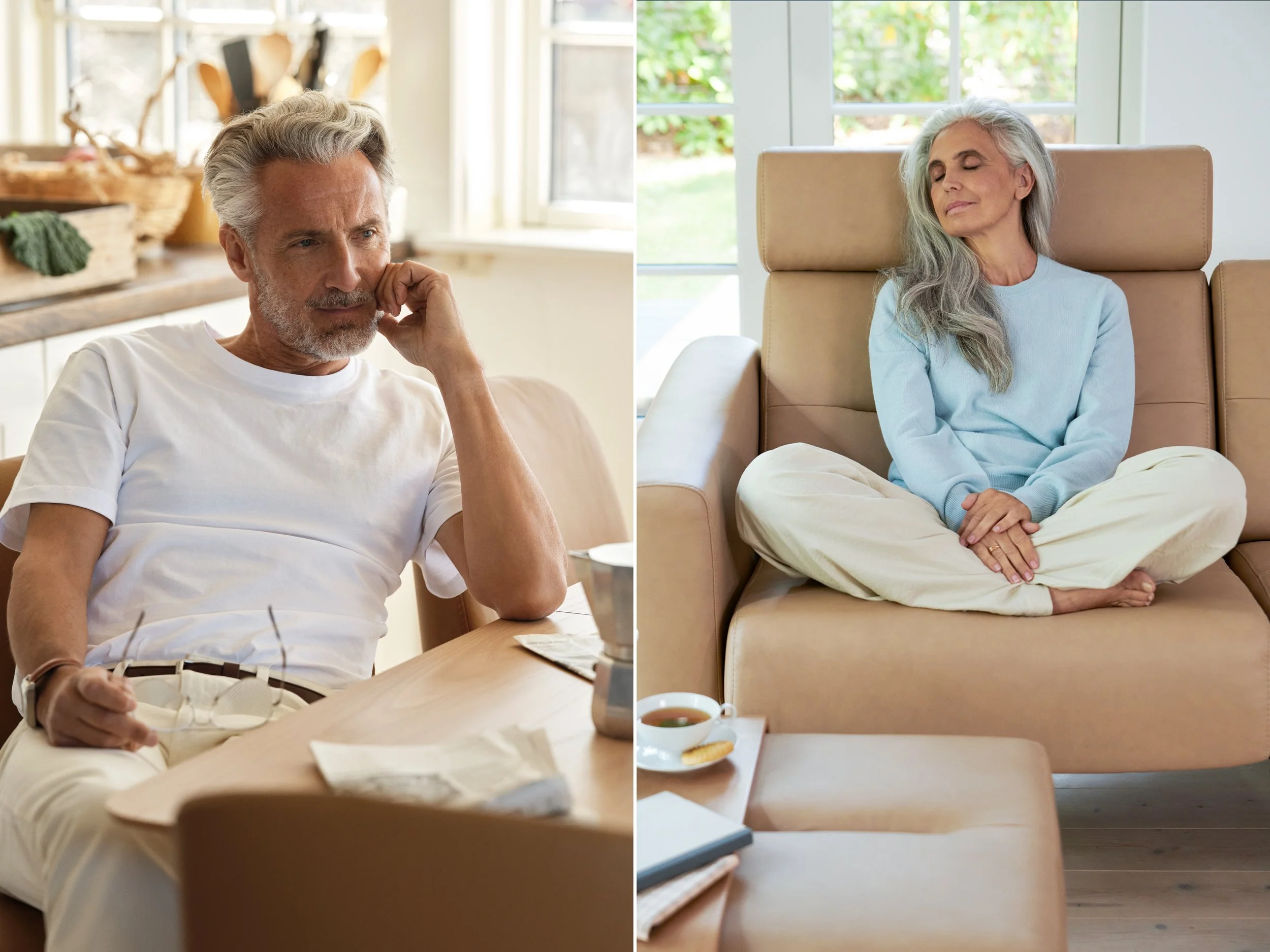 Left: Man seated indoors in soft light, relaxed posture with glasses in hand
Right: Woman sitting cross-legged on sofa, calm and comfortable pose