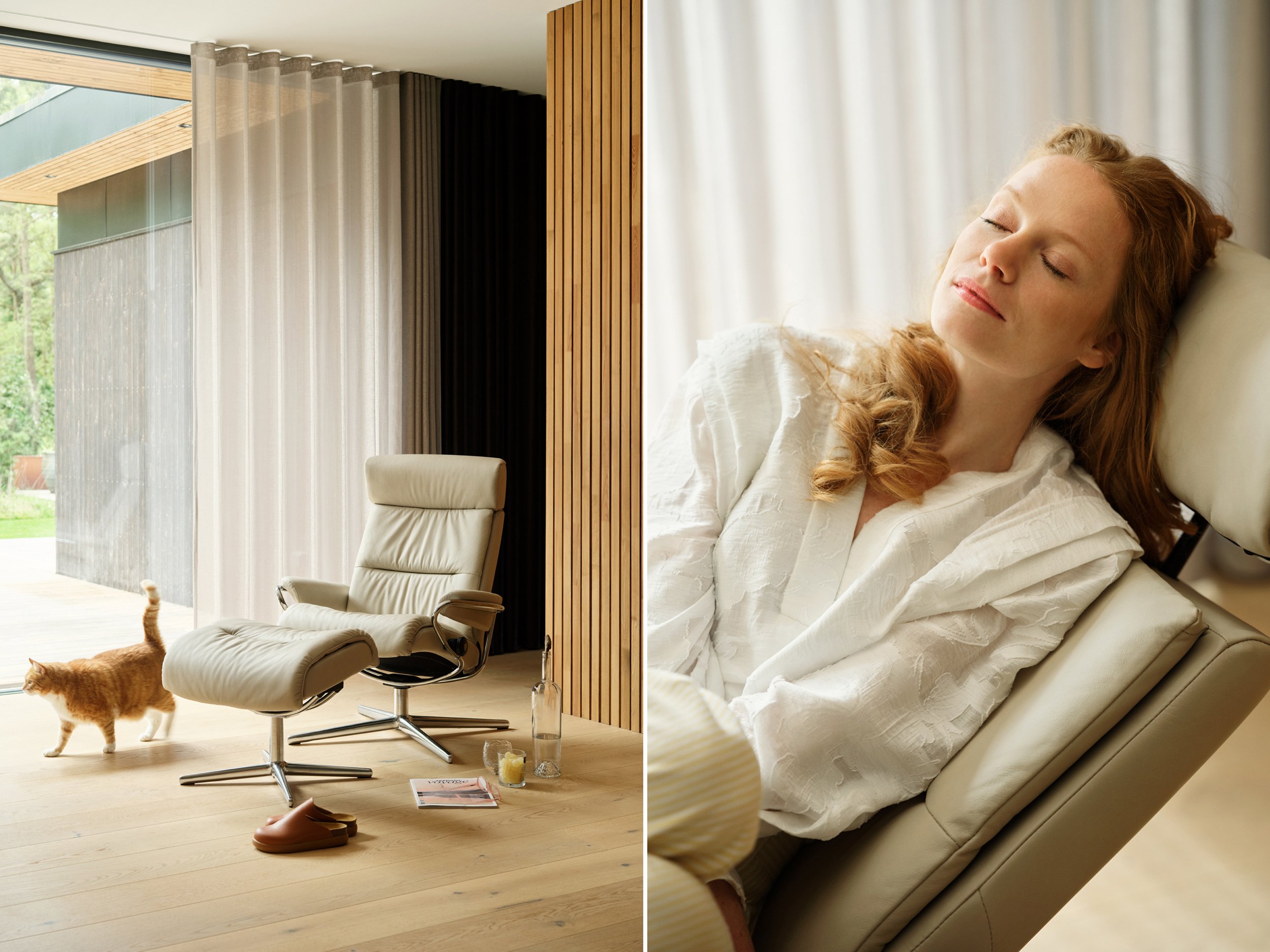 Left: Interior with lounge chair and cat walking across floor
Right: Woman resting in chair with eyes closed, calm indoor moment