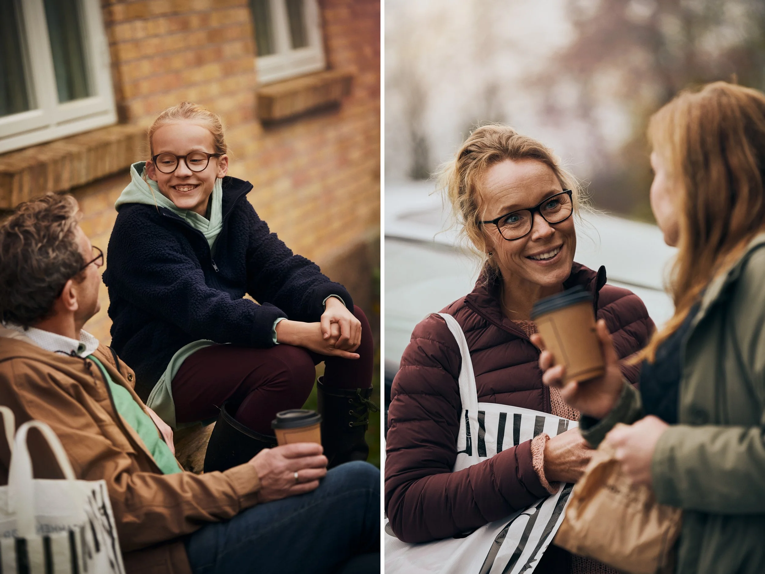 People sitting together outdoors, everyday social moment, Women talking outdoors with coffee, everyday moment