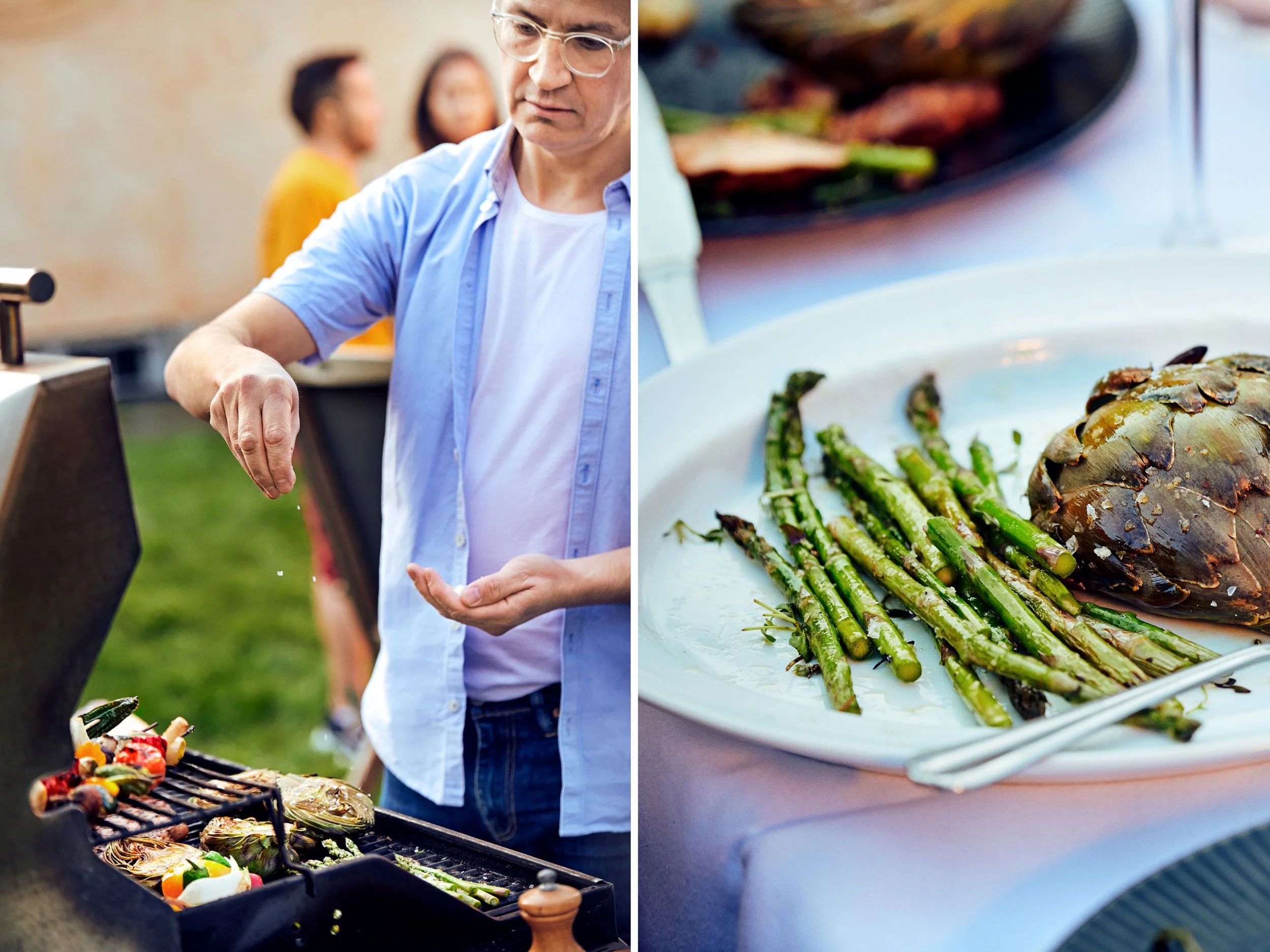 Cooking and serving food outdoors, shared summer meal
