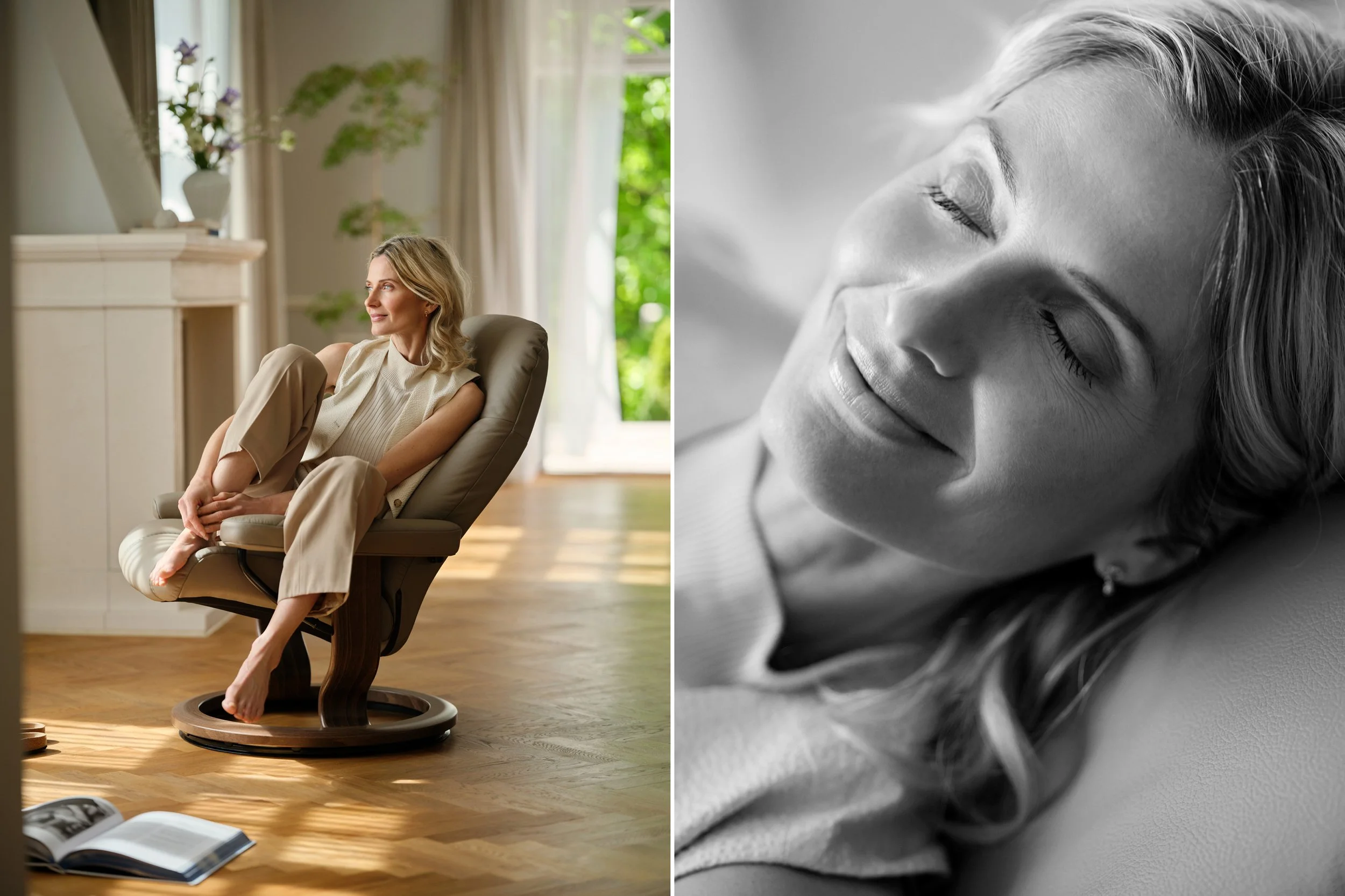 Left: Woman sitting in chair by fireplace, relaxed posture in daylight
Right: Close-up portrait of woman resting with eyes closed