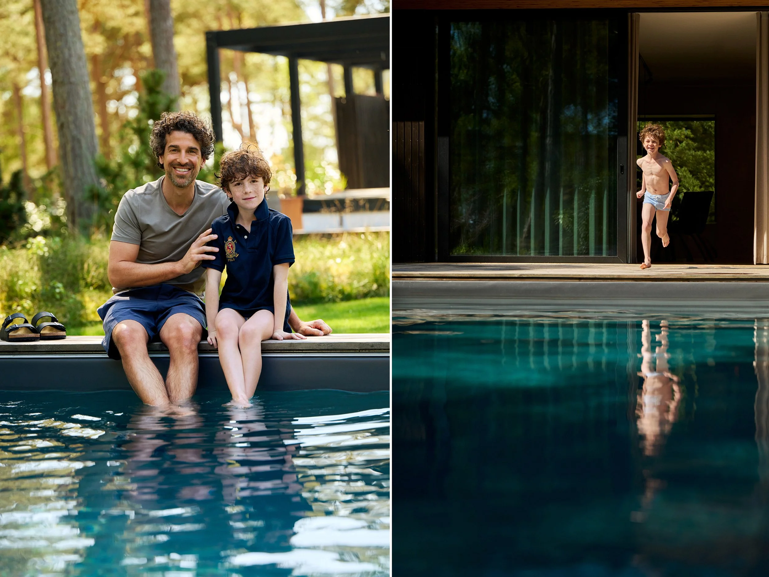 Left: Adult and child sitting at edge of pool, quiet moment outdoors
Right: Child running towards pool from house, movement in residential setting