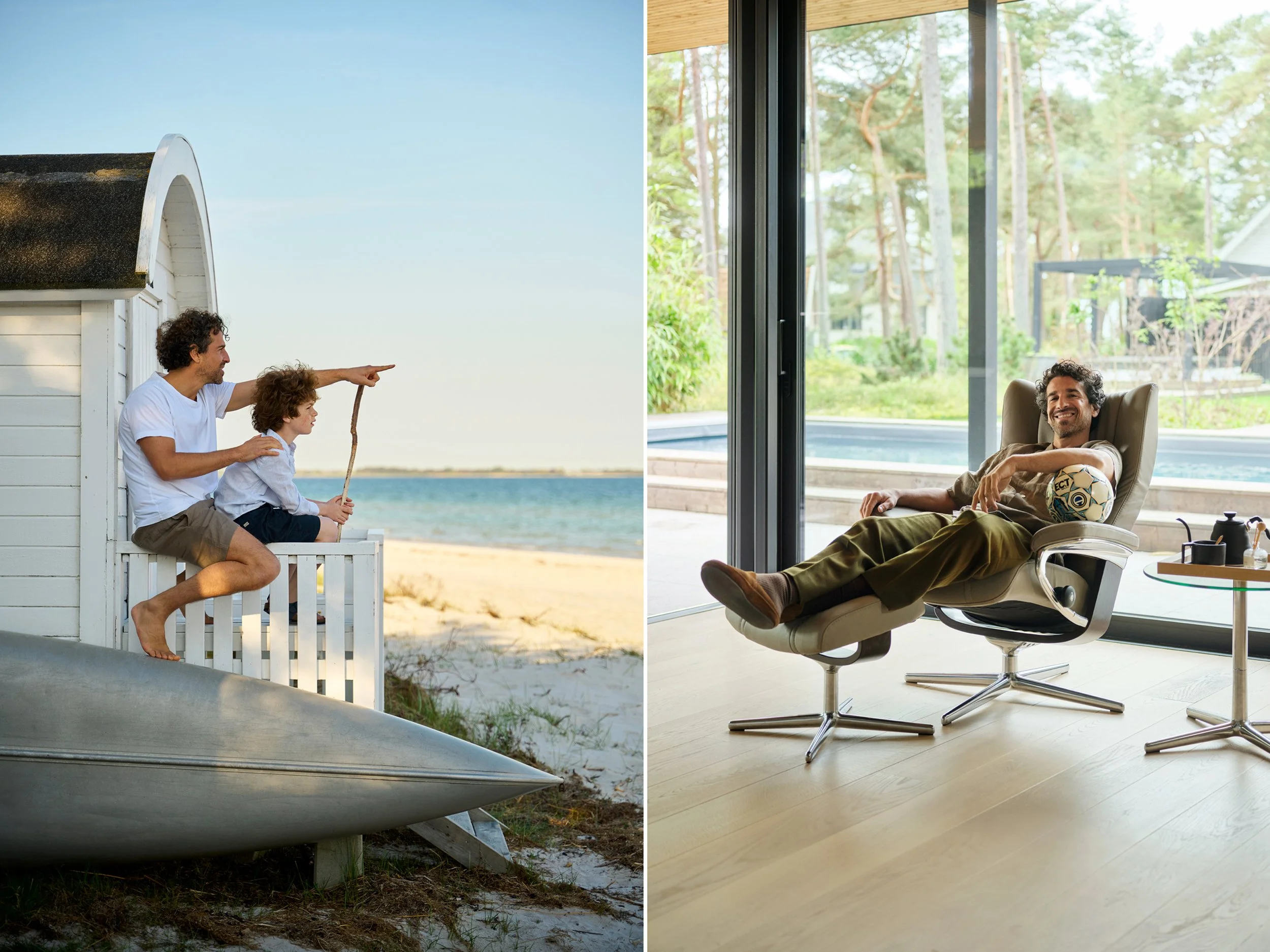 Left: Adult and child sitting by beach house looking towards water
Right: Man relaxing in lounge chair in living room, casual indoor moment