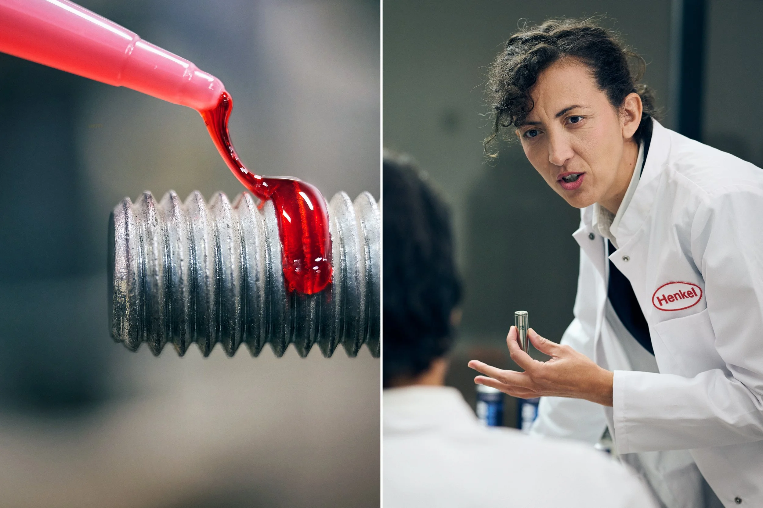 Threadlocker adhesive applied to metal bolt and technician explaining component in lab
