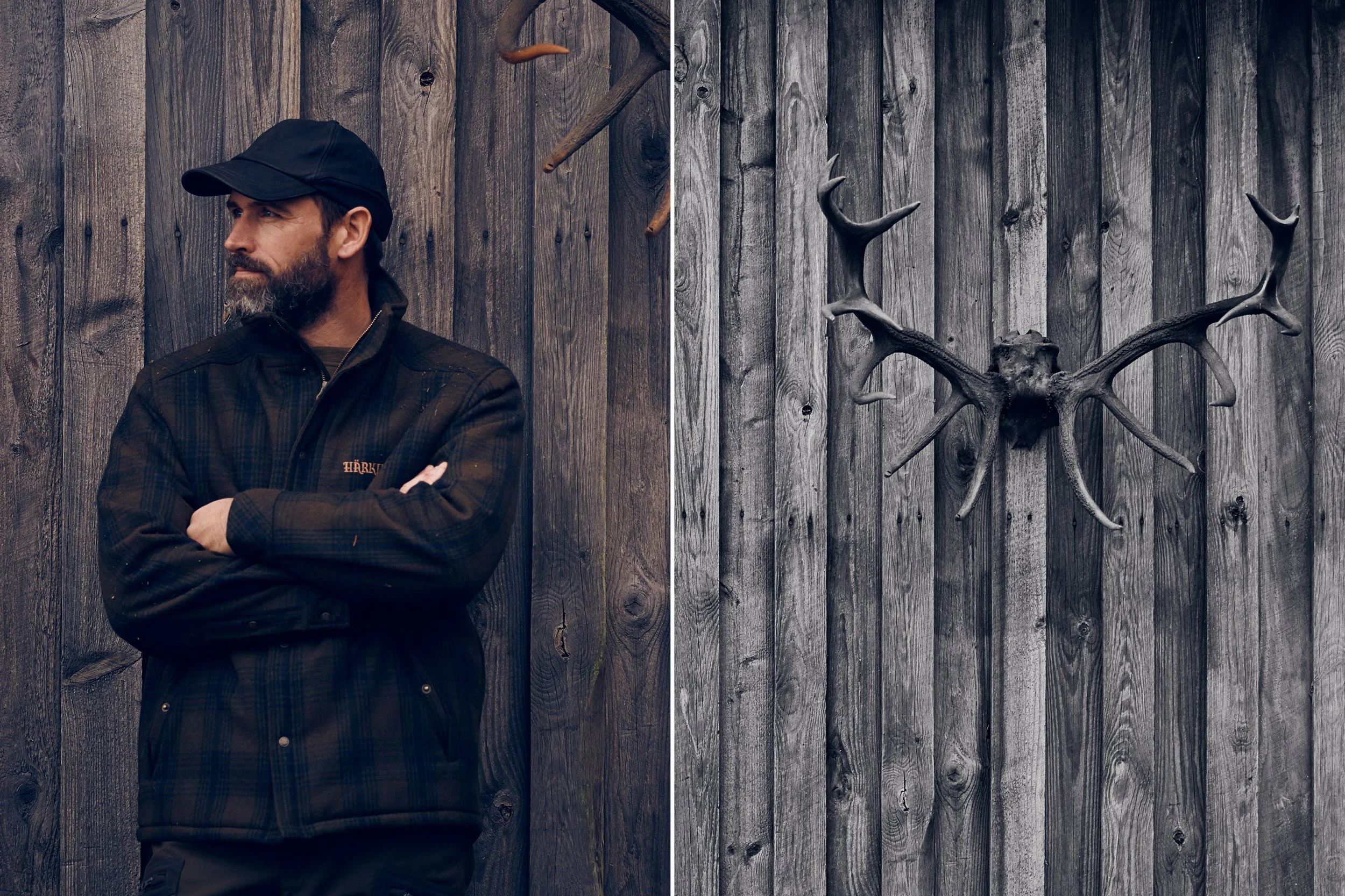left : Hunter standing against wooden wall. 
Right : Wouden wall ith wantlers mounted on it.