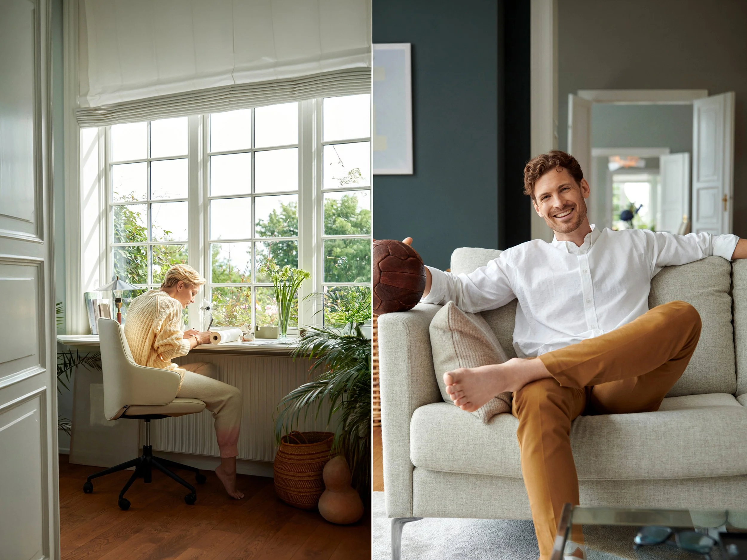 Left: Woman working at desk by window, quiet home workspace
Right: Man sitting on sofa smiling, relaxed social moment