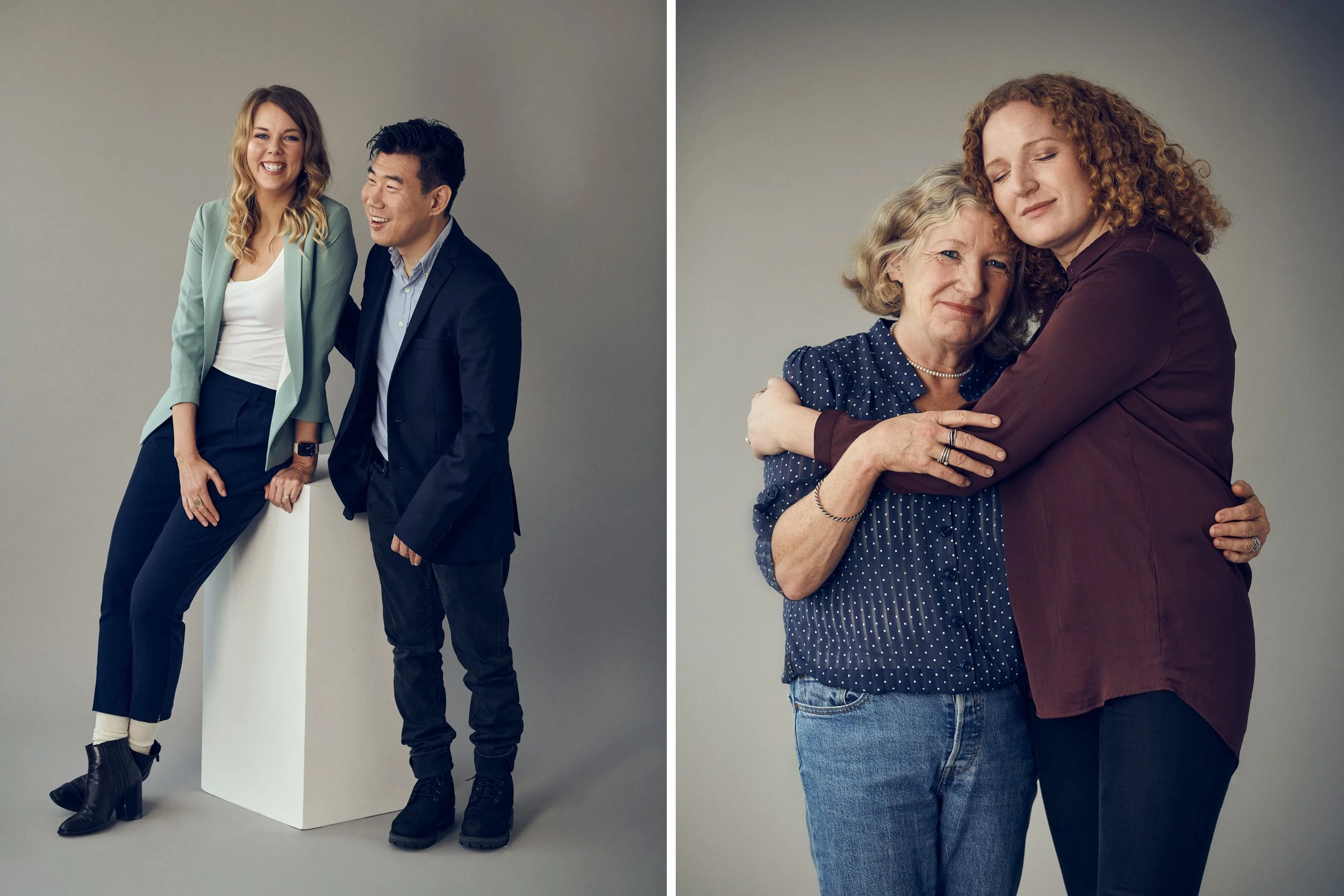 Left: Two people standing together smiling, relaxed studio moment
Right: Two women embracing, close and supportive interaction
