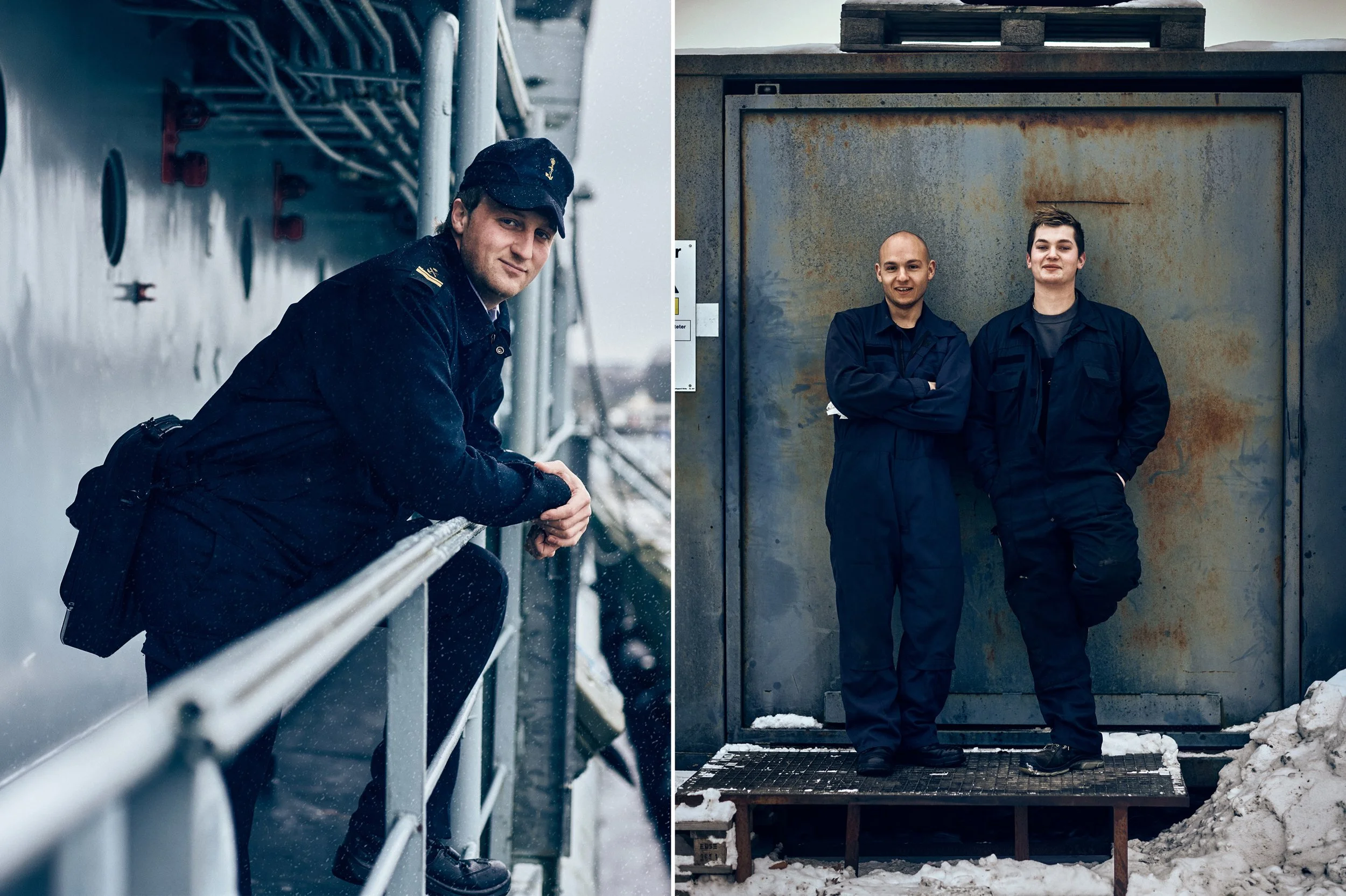 Split image showing soldier leaning on railing on ship deck and two soldiers standing in front of metal door