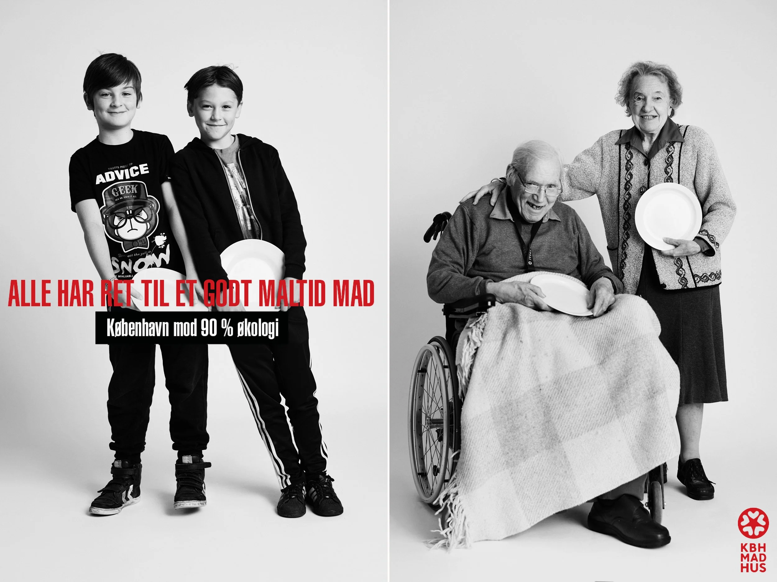 Left: Two boys standing together holding plate, casual portrait
Right: Older man in wheelchair with woman standing beside, both holding plates