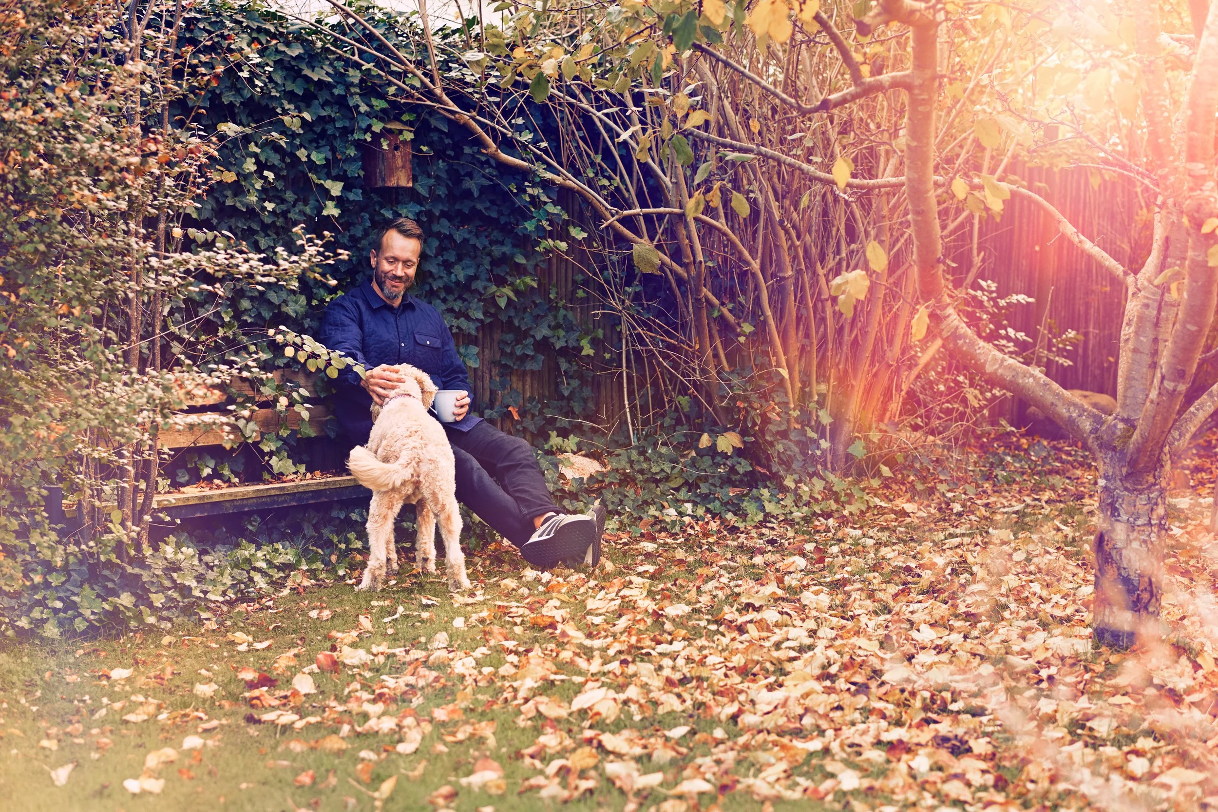 Person with dog in garden surrounded by autumn leaves, everyday outdoor setting