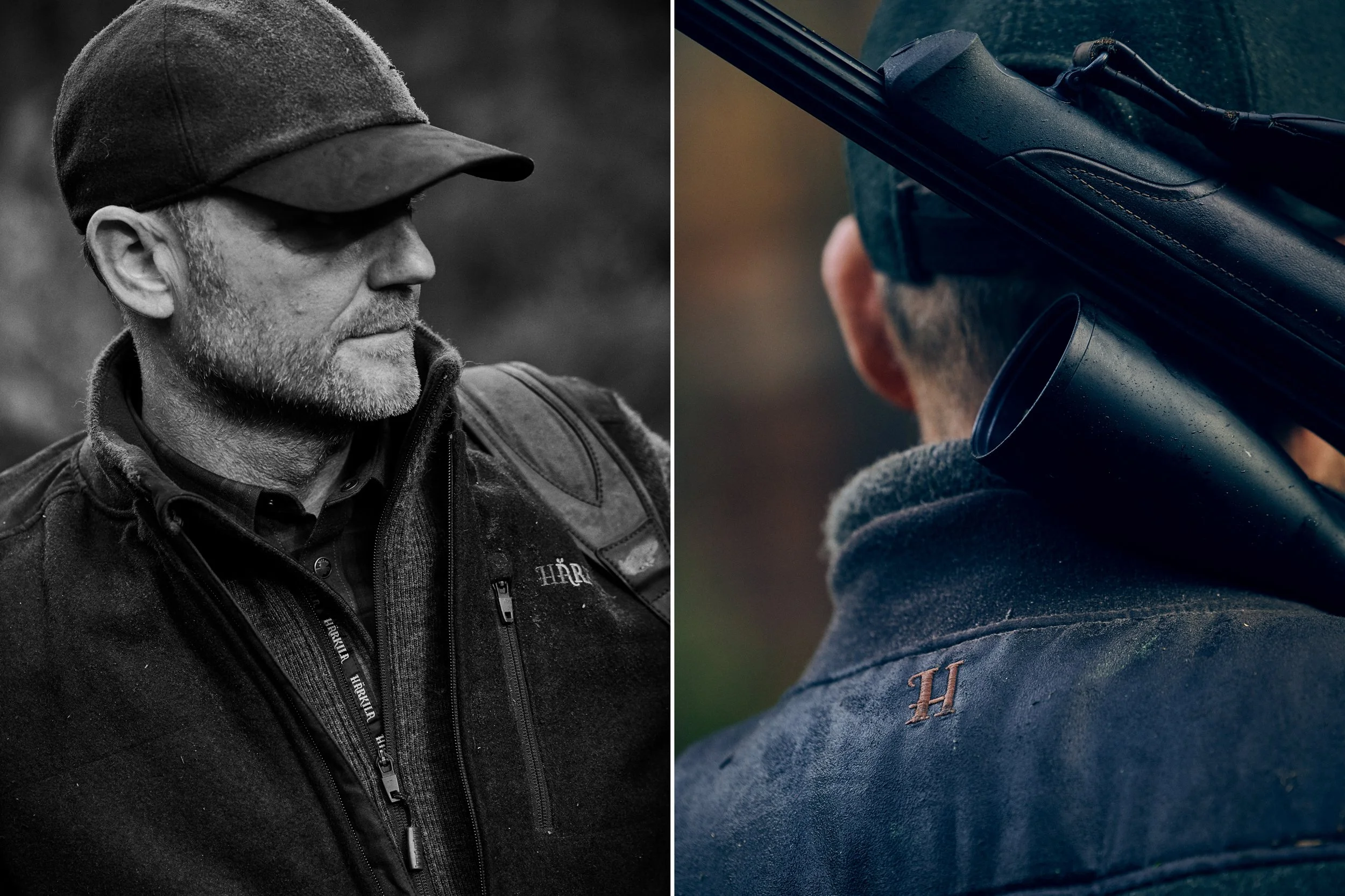Left: Portrait of hunter in black and white, reflective expression
Right: Hunter seen from behind with rifle over shoulder, focus on gear and posture