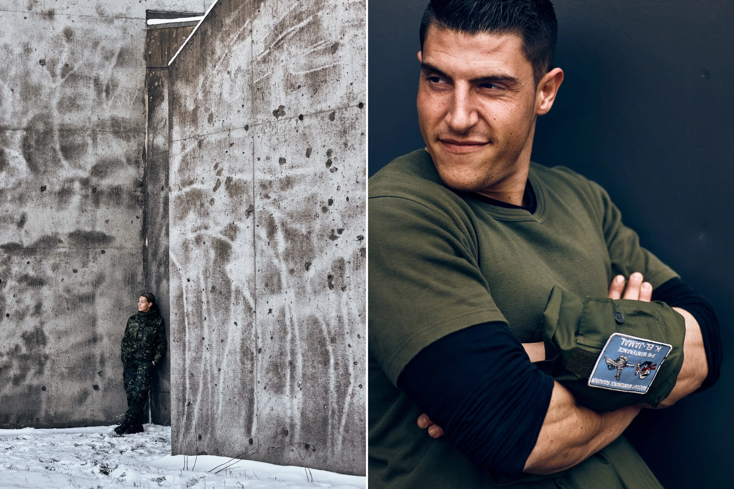 Split image showing soldier standing by concrete wall on left and close-up portrait of pilot on right