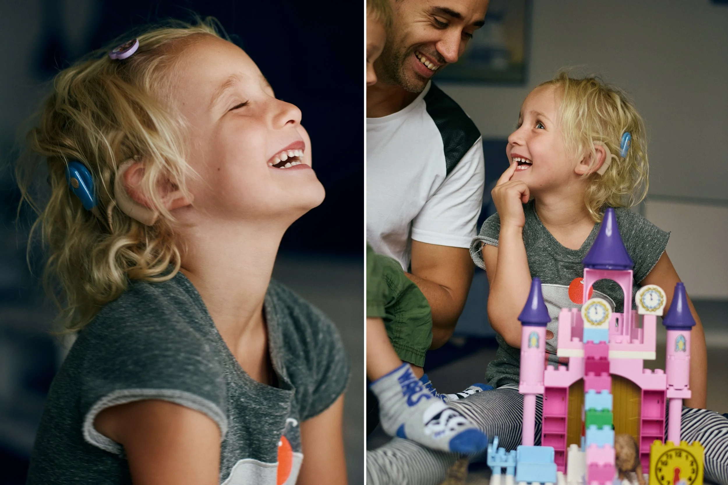 Left: Girl wearing cochlear implant laughing, expressive close-up
Right: Child with cochlear implant playing with adult, engaged interaction