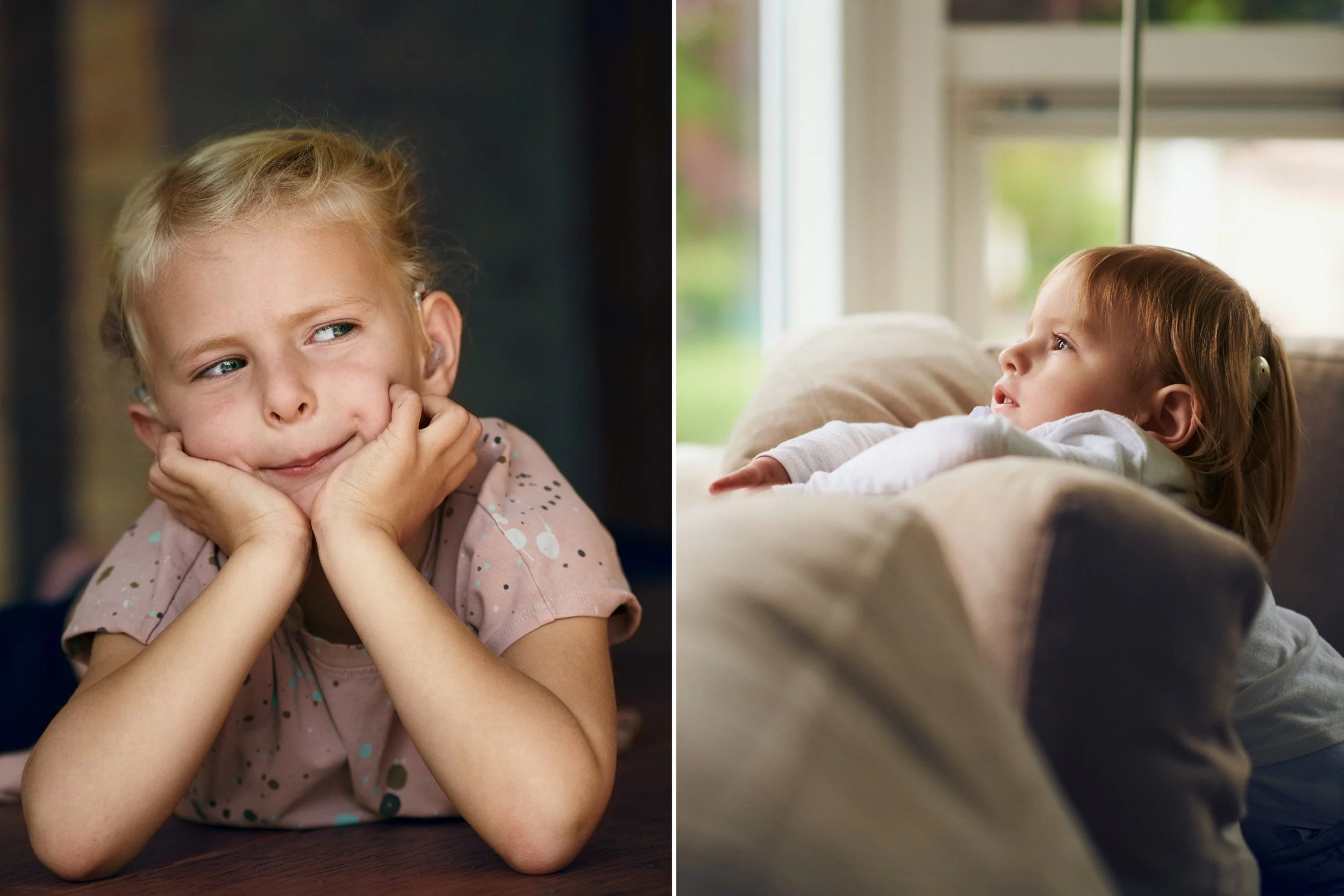 Left: Girl resting her head in hands wearing hearing aids, quiet indoor moment
Right: Young child with cochlear implant looking out of window, soft light in home