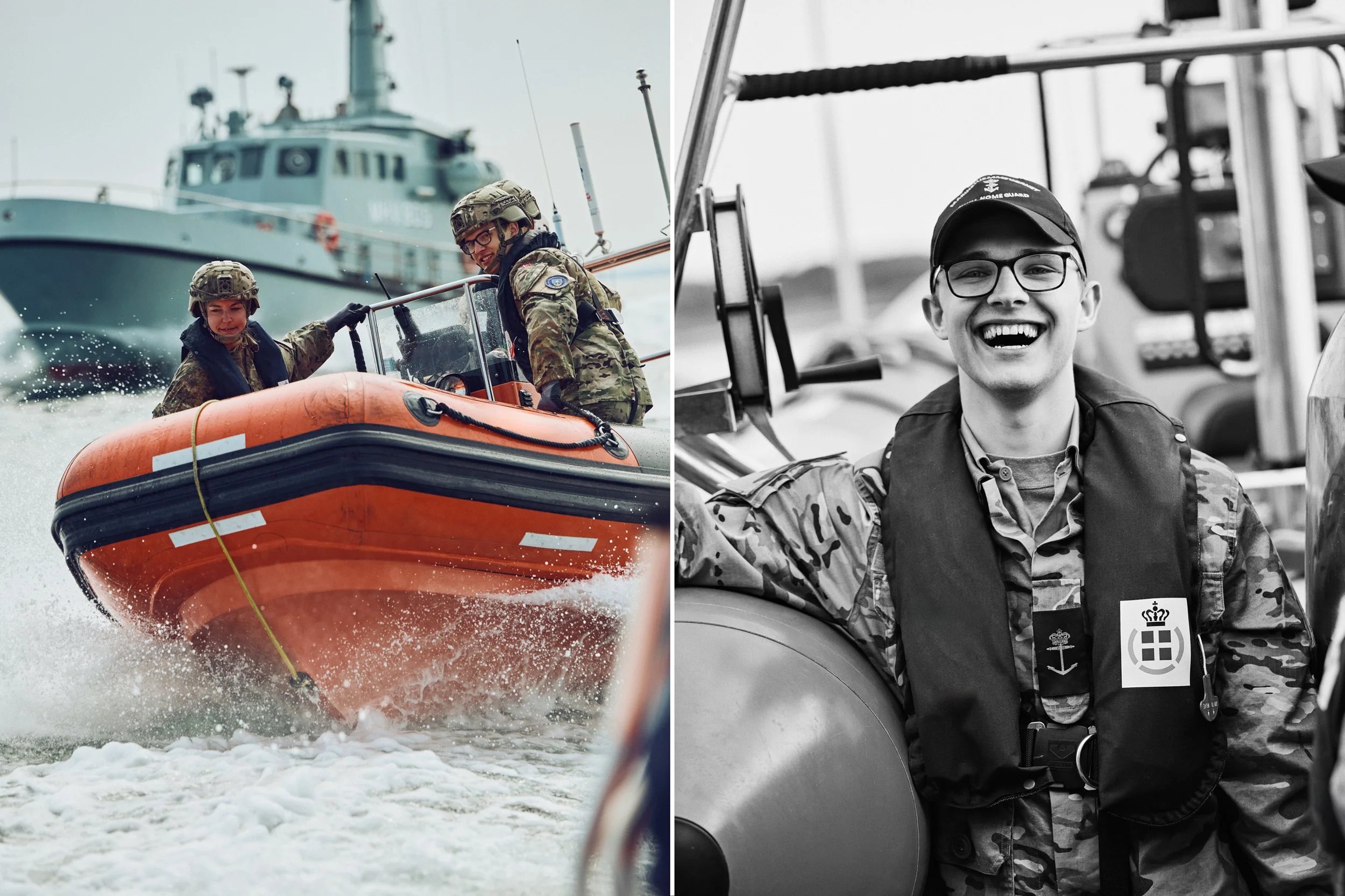 Left: Soldiers navigating fast inflatable boat at sea during operation
Right: Portrait of smiling Home Guard soldier onboard vessel wearing life vest