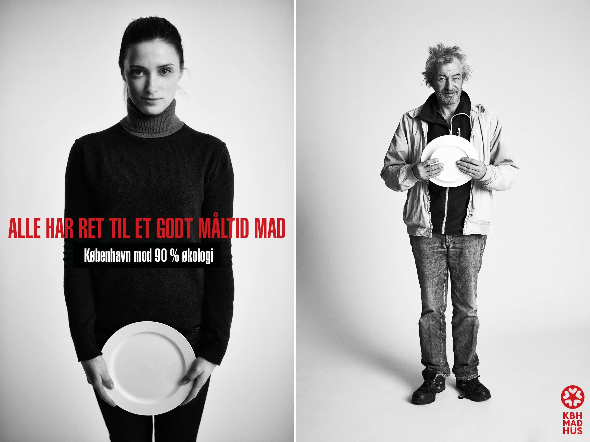 Left: Woman holding plate against body, direct portrait
Right: Man holding plate in both hands, standing against neutral background