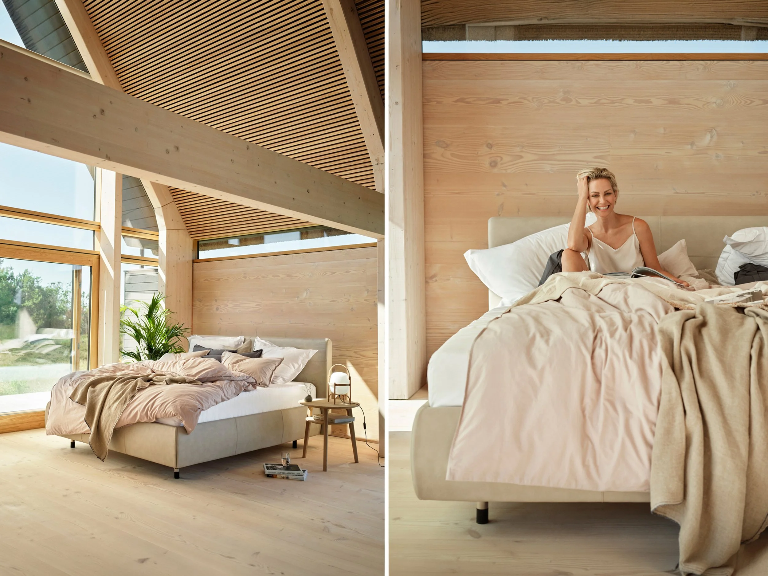 Left: Bedroom interior with bed and soft daylight, calm home environment
Right: Woman sitting in bed smiling, relaxed morning moment