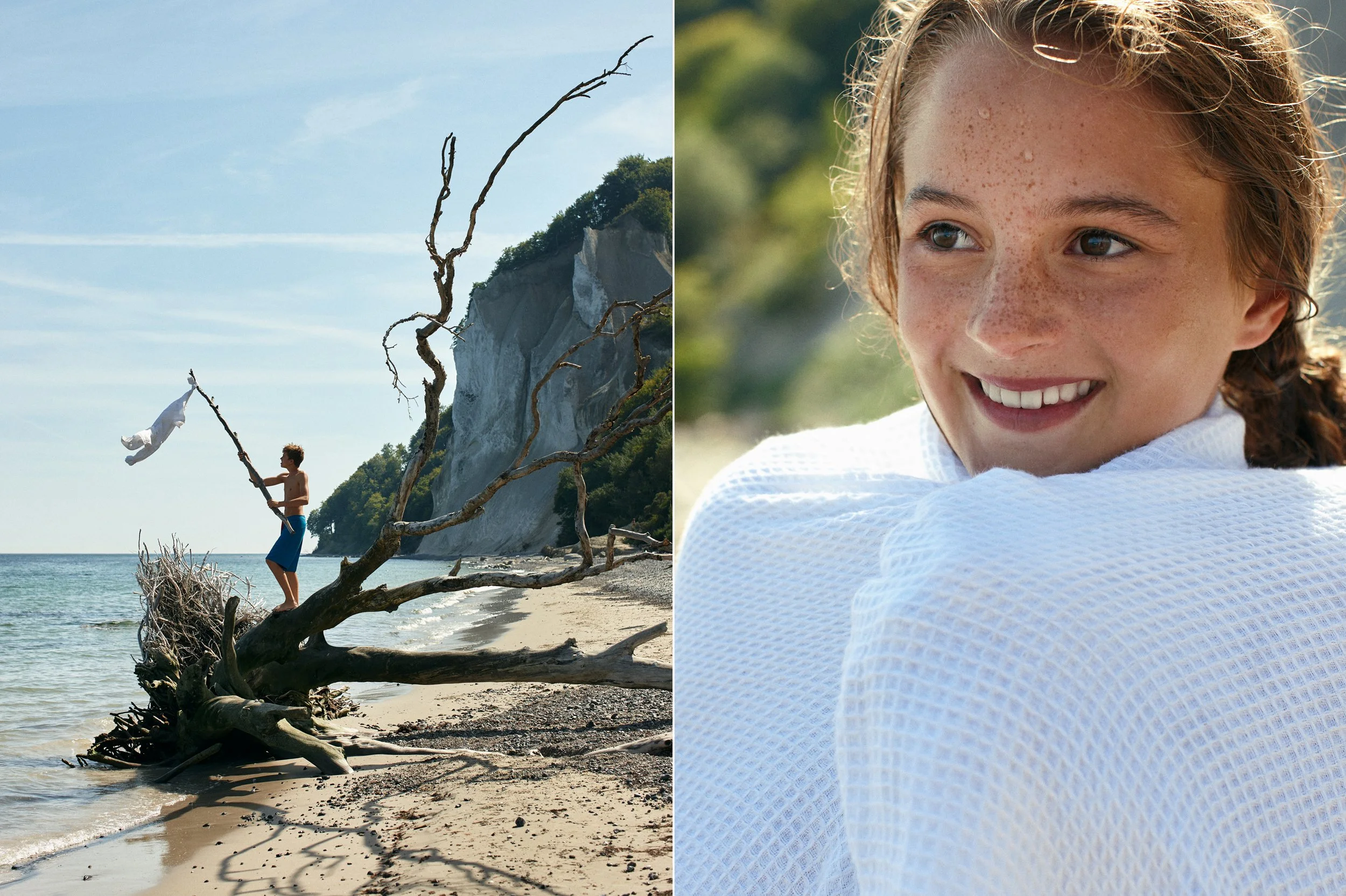 Left: Child playing on fallen tree at beach, active outdoor moment
Right: Child wrapped in towel, close-up portrait after swimming