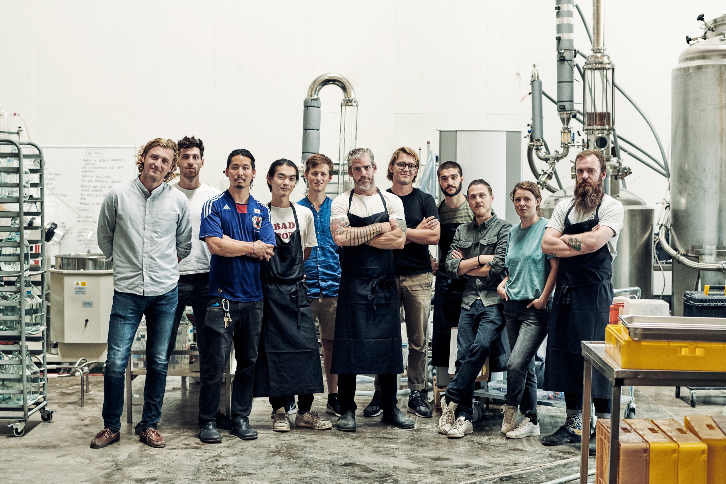 Group portrait of team in distillery, people behind production and development