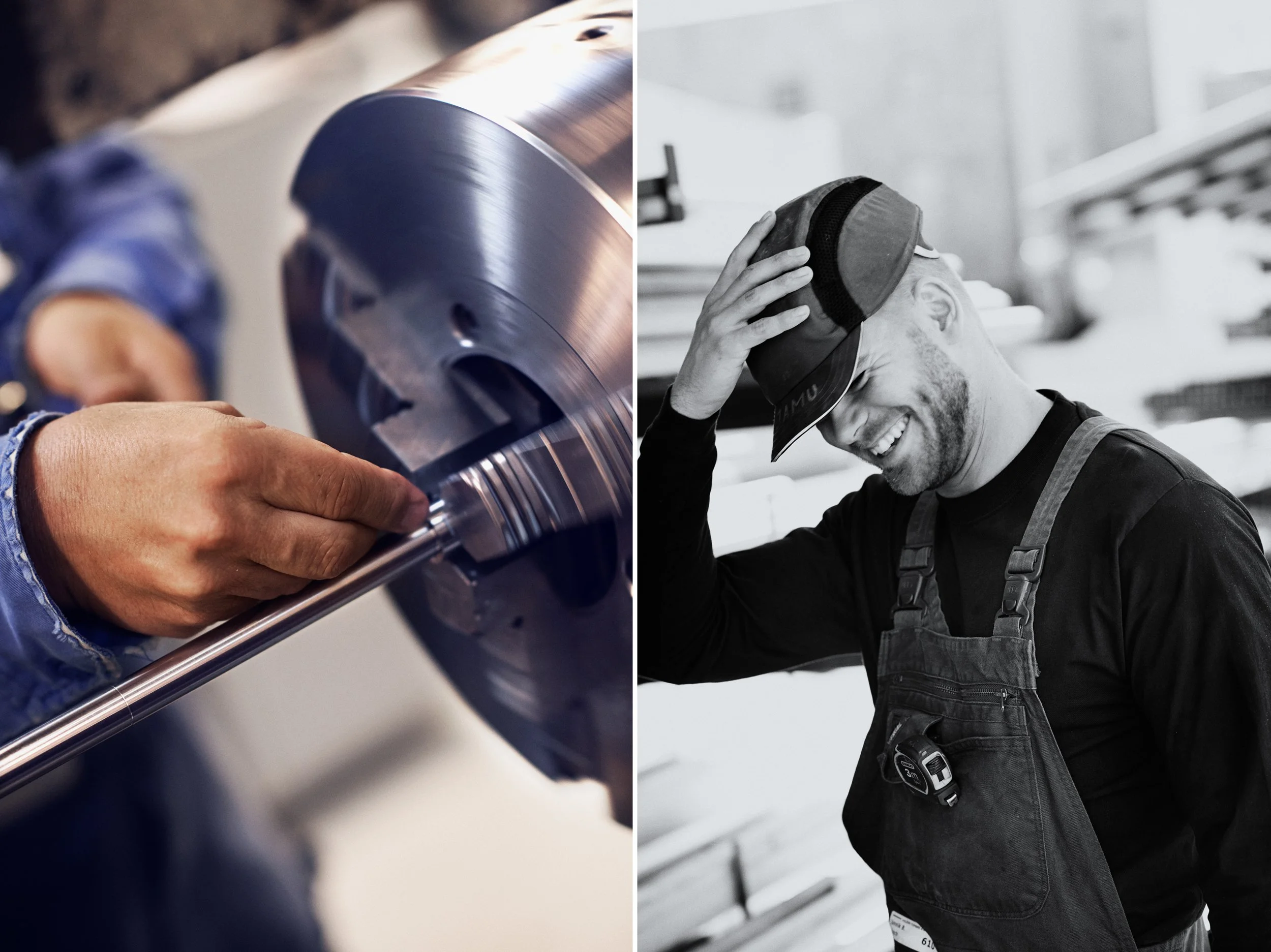 Composite image showing metal machining detail and industrial worker portrai