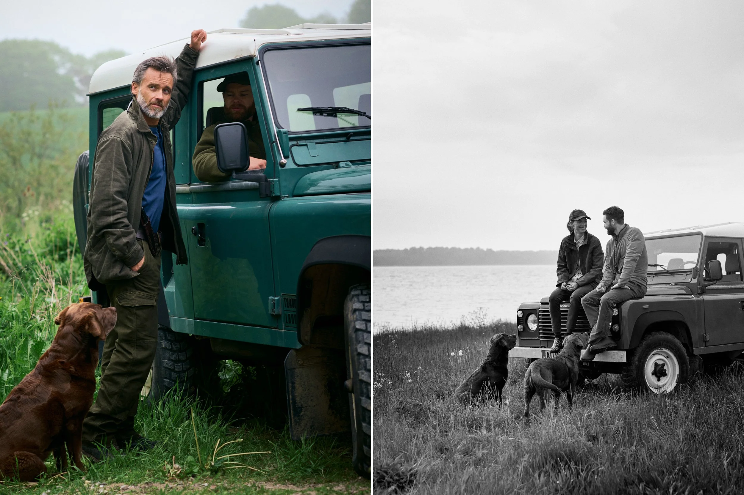 Left: Man standing by off-road vehicle with dog, ready for outdoor activity
Right: Two people sitting on vehicle with dogs by water, relaxed moment after hunt