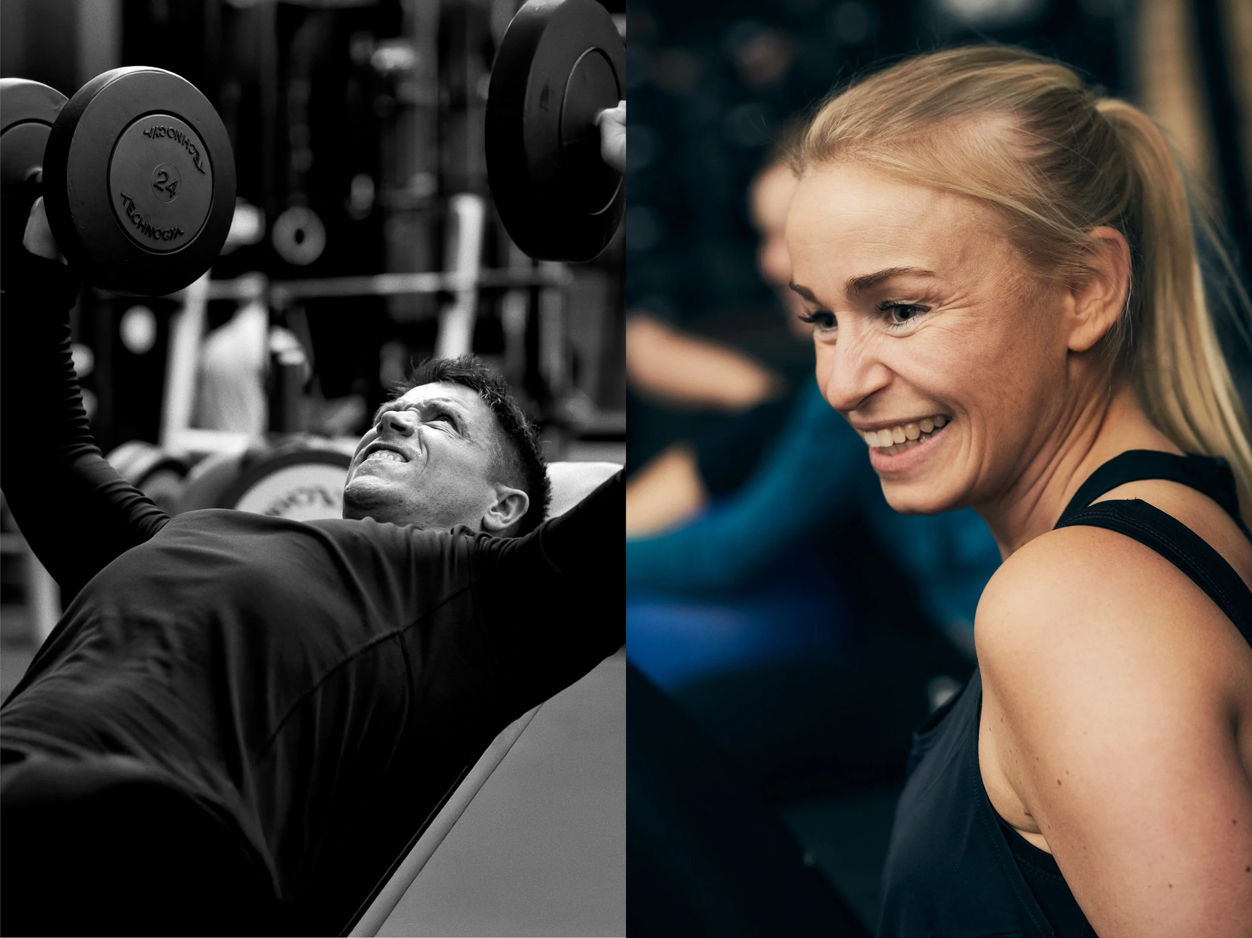 Left: Man lifting dumbbells on bench, focused strength training — Right: Woman smiling during workout, positive energy