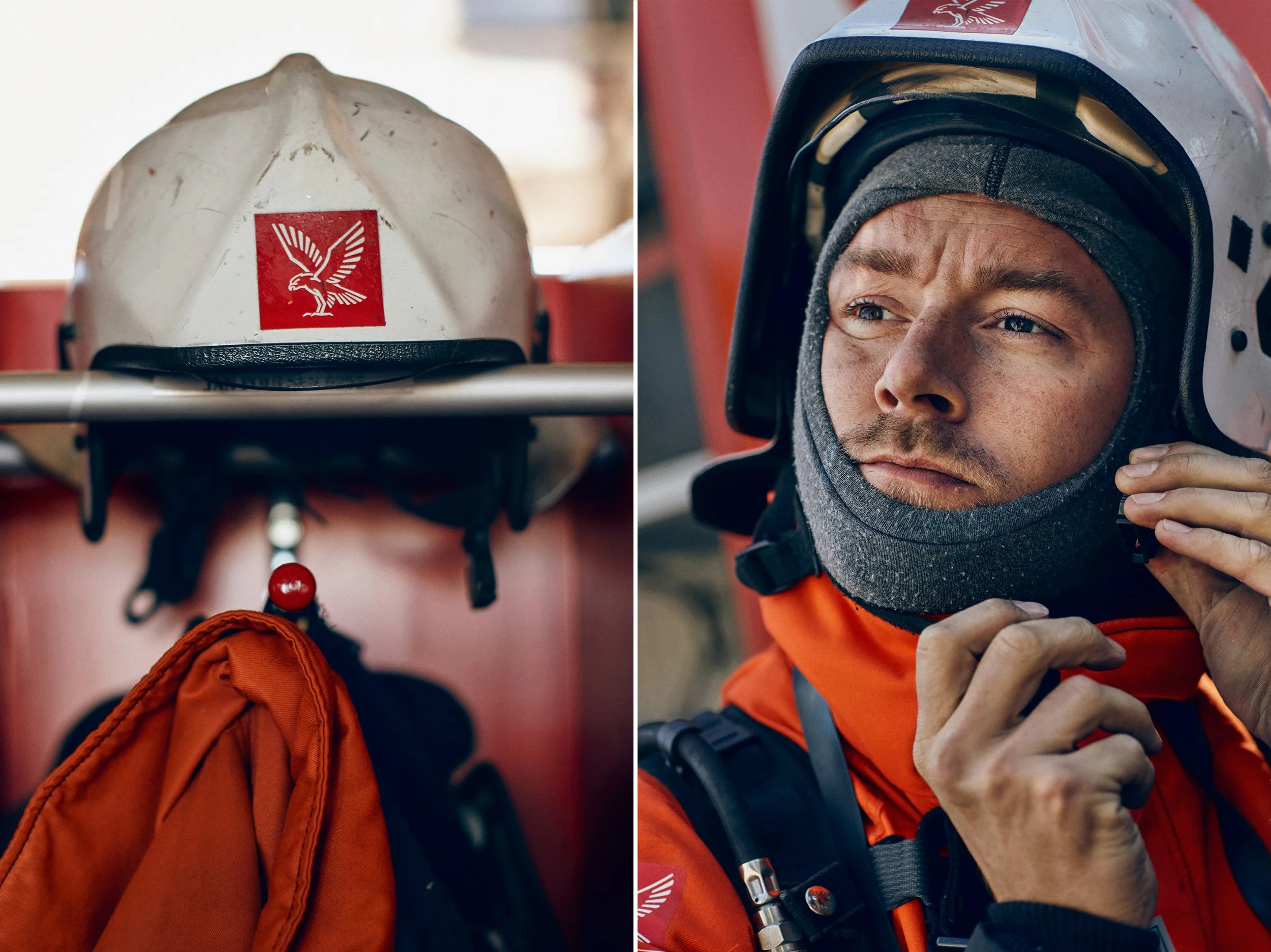 Firefighter adjusting helmet and gear, preparation before or after deployment