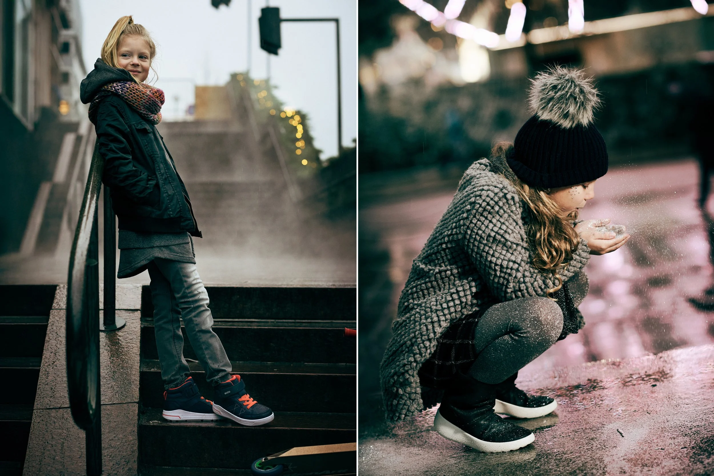 Left: Child standing on stairs in city — Right: Child crouching on wet pavement, blowing glitter from her hands