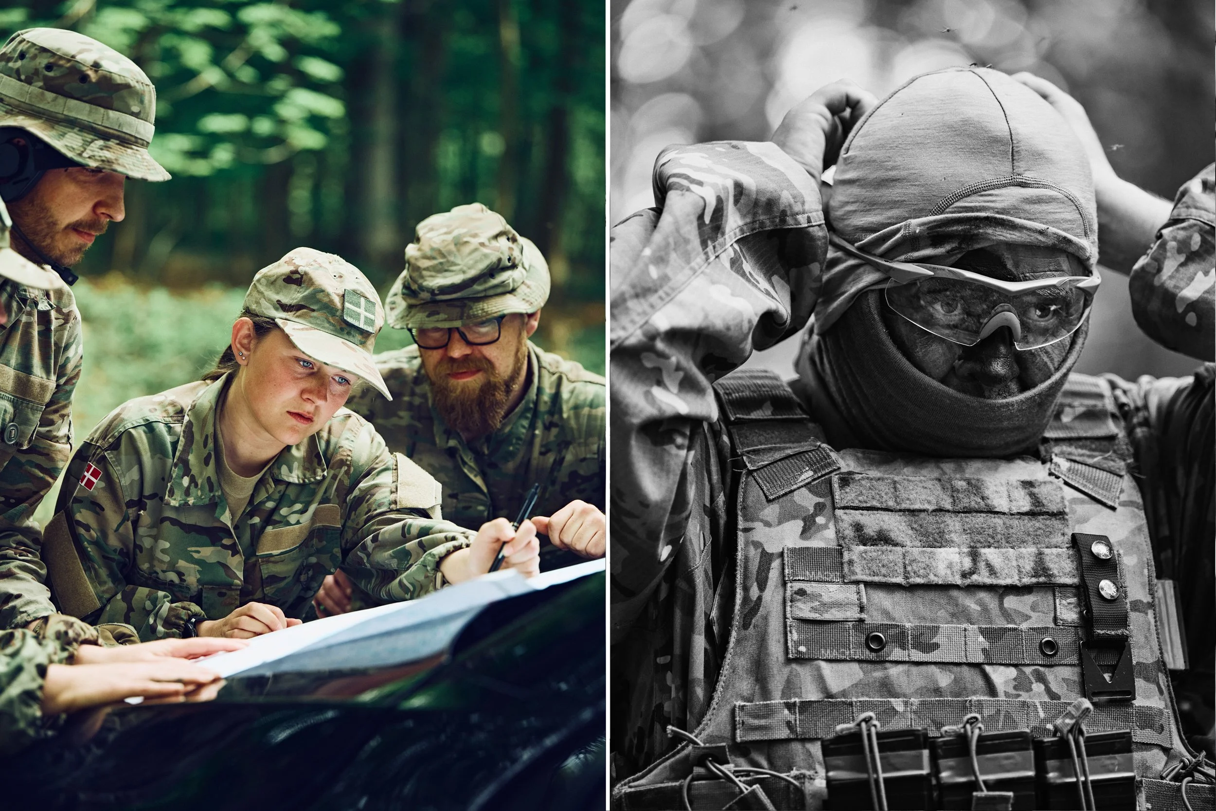 Left: Group of soldiers studying map during field briefing in forest environment
Right: Soldier in full protective gear adjusting equipment, close-up black and white
